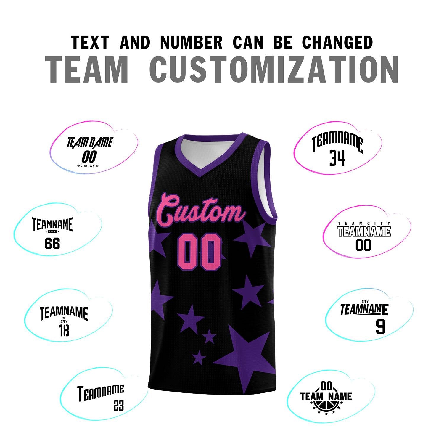 Custom Black Purple Graffiti Pattern Star Print Basketball Kits Sets