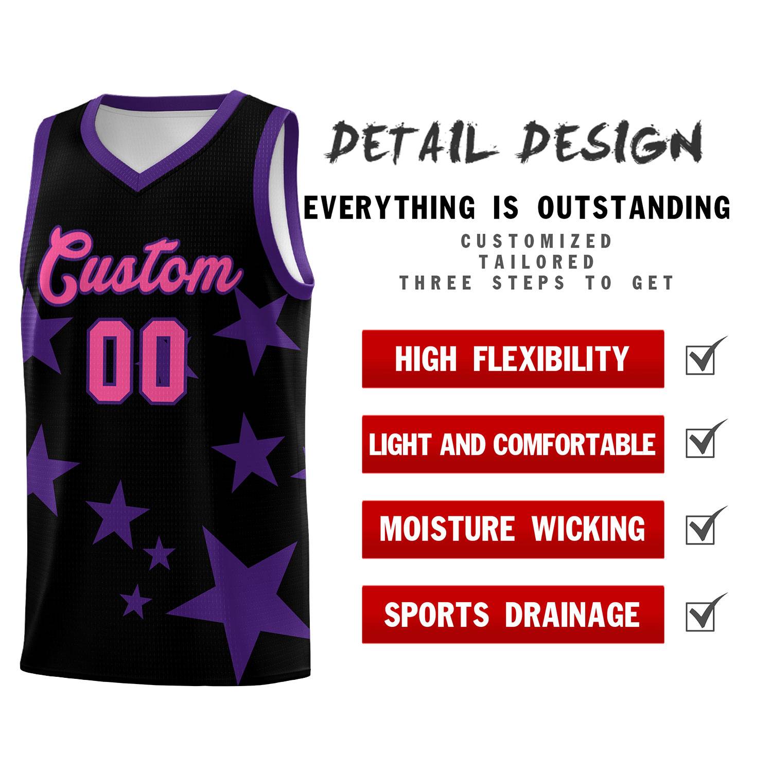 Custom Black Purple Graffiti Pattern Star Print Basketball Kits Sets