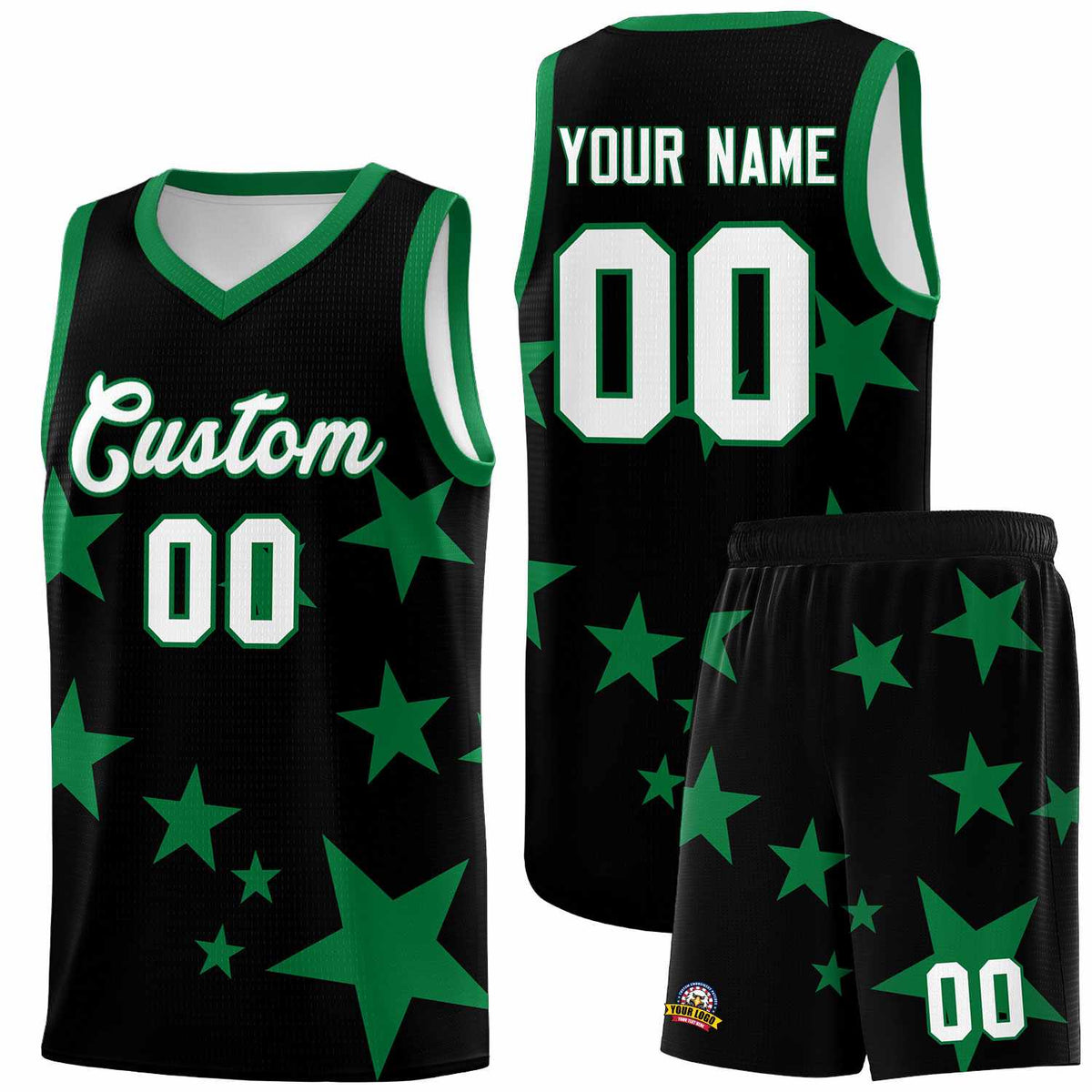 Custom Black Kelly Green Graffiti Pattern Star Print Basketball Kits Sets