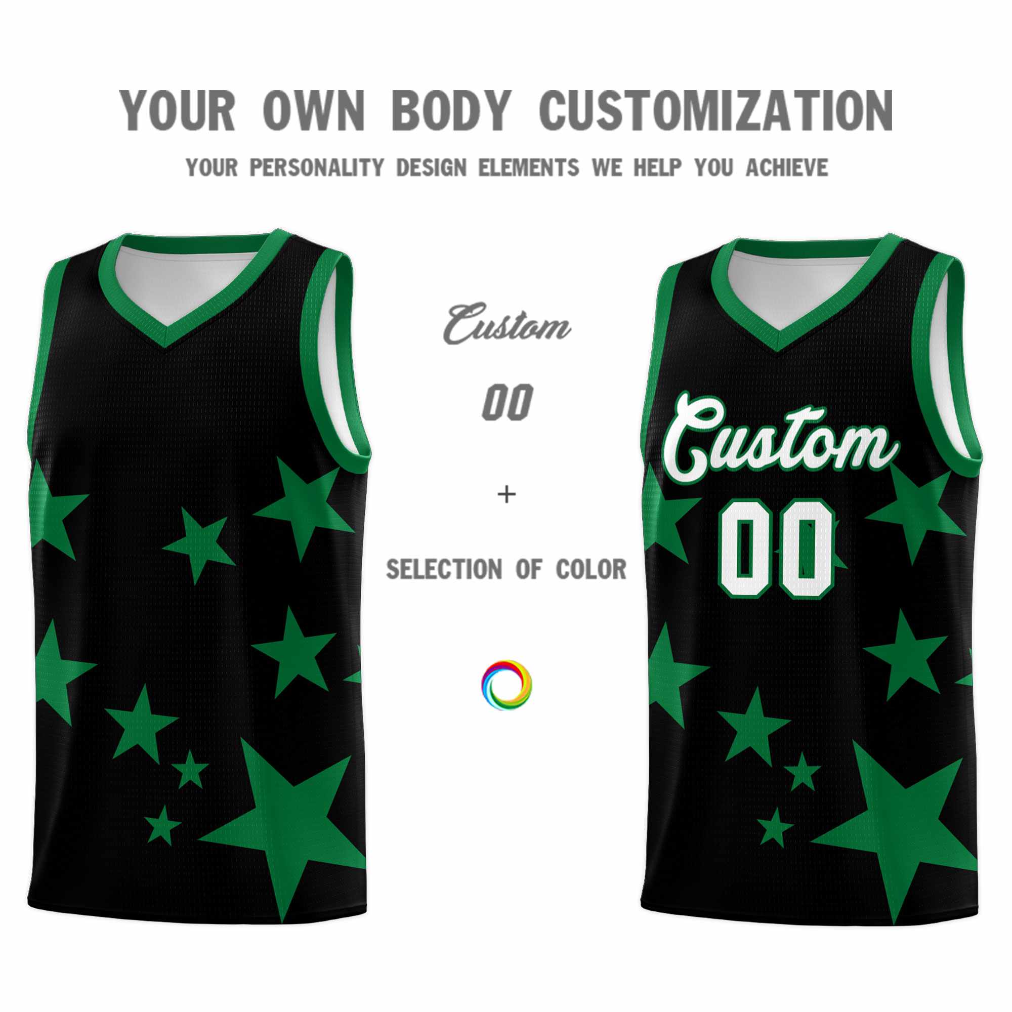 Custom Black Kelly Green Graffiti Pattern Star Print Basketball Kits Sets