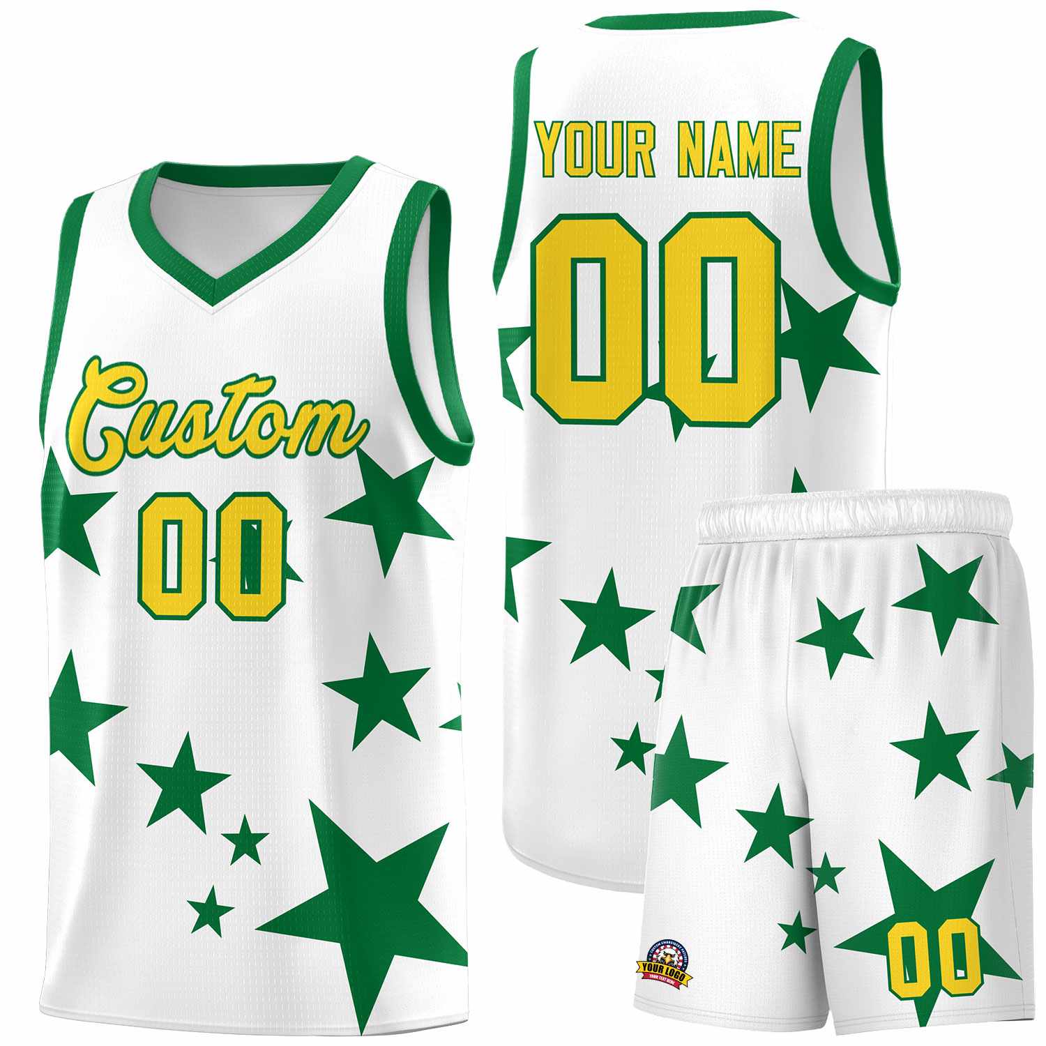 Custom White Kelly Green Graffiti Pattern Star Print Basketball Kits Sets