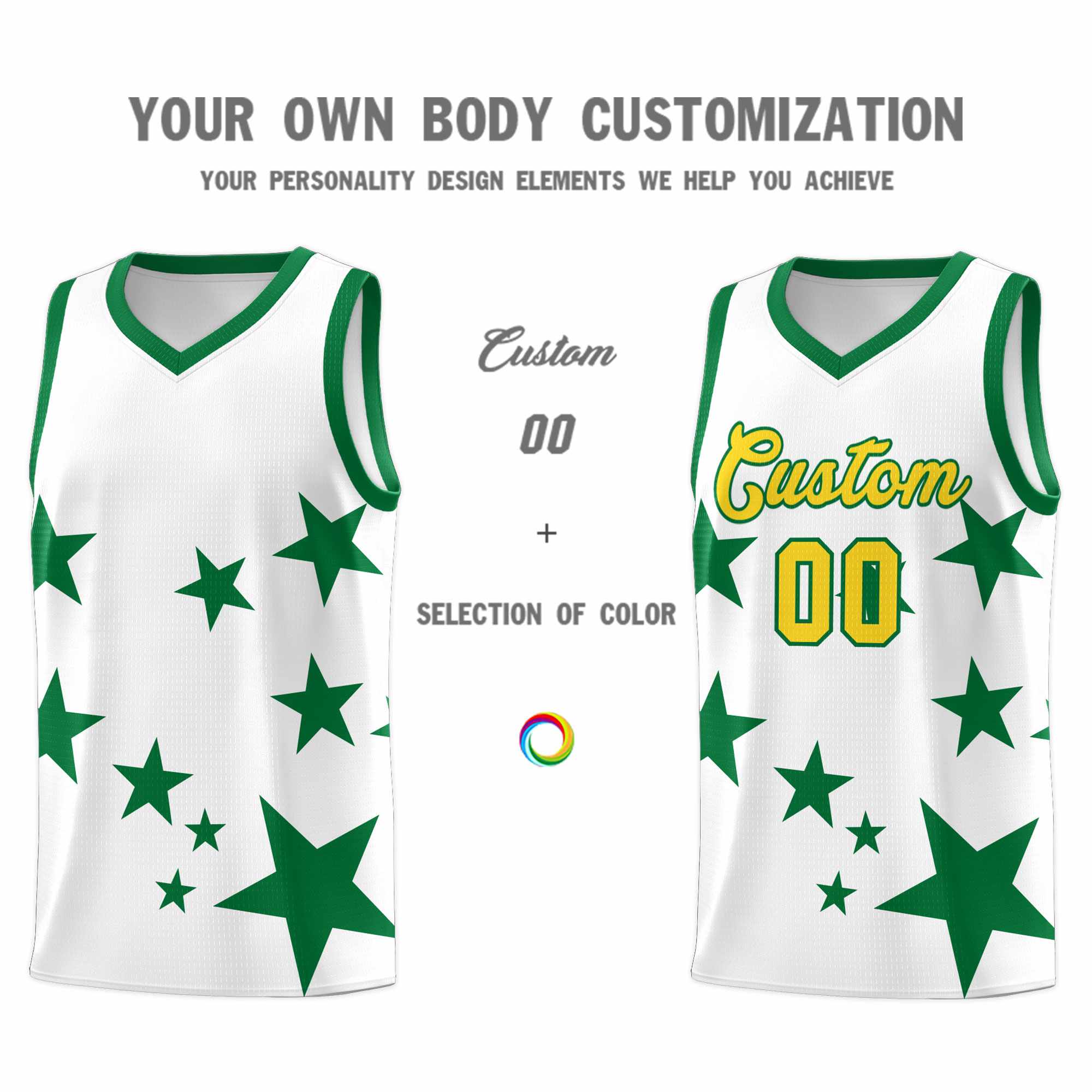 Custom White Kelly Green Graffiti Pattern Star Print Basketball Kits Sets