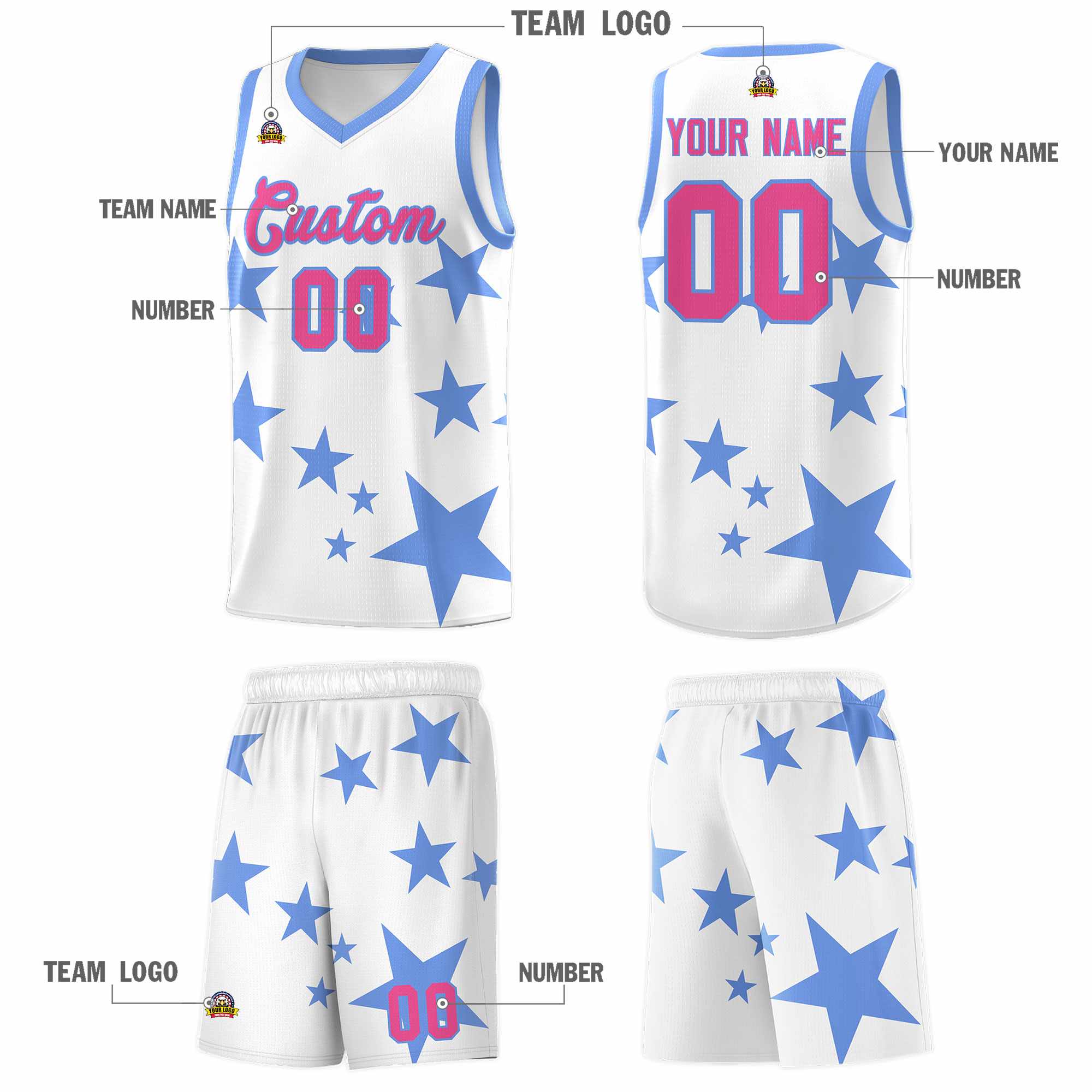 Custom White Light Blue Graffiti Pattern Star Print Basketball Kits Sets