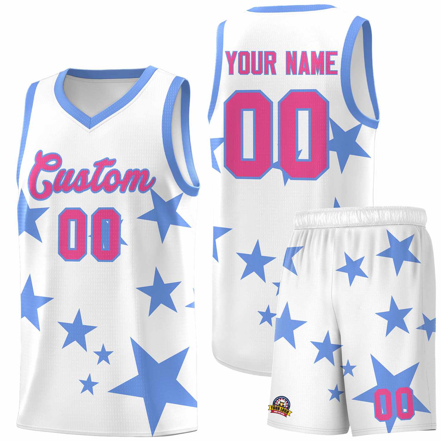 Custom White Light Blue Graffiti Pattern Star Print Basketball Kits Sets