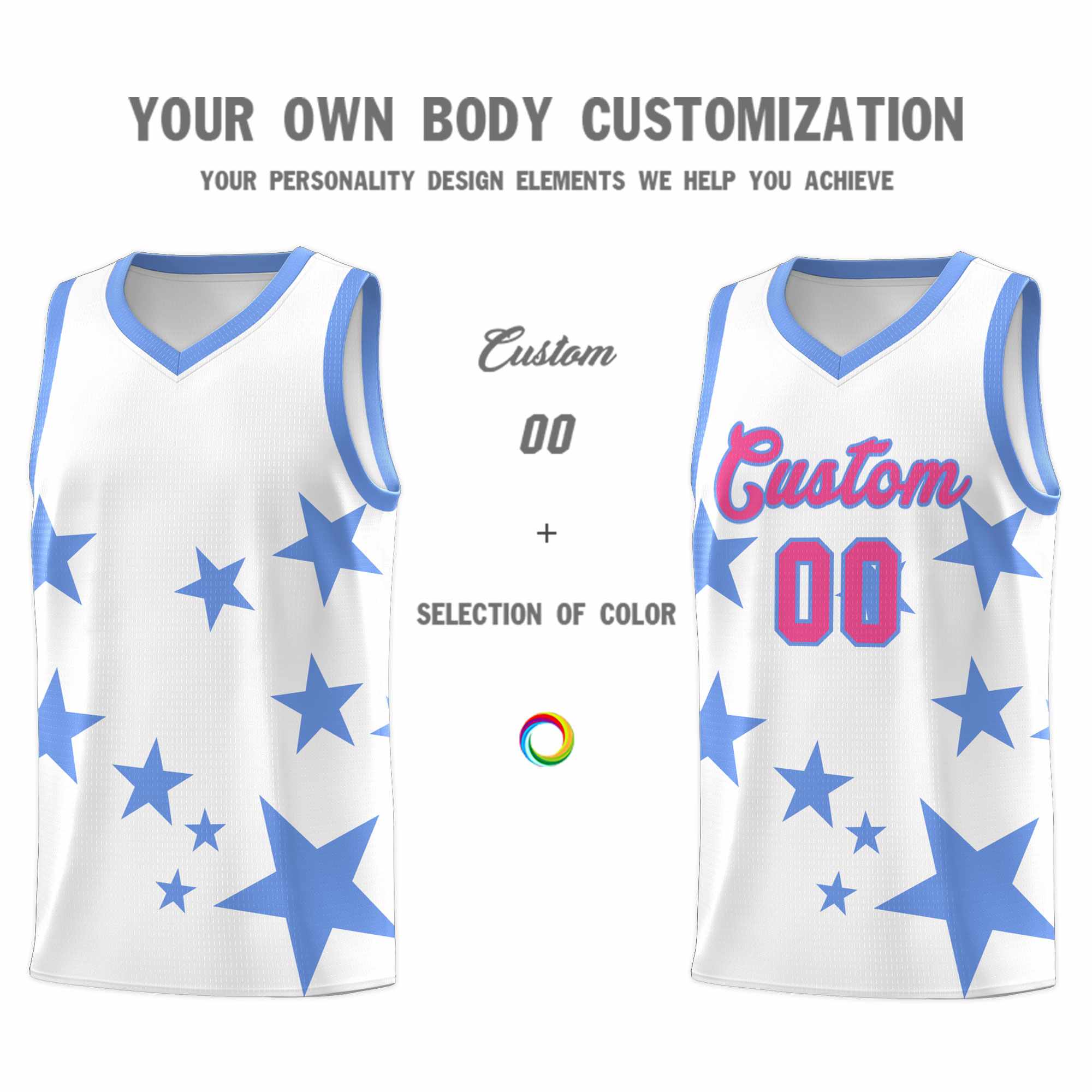 Custom White Light Blue Graffiti Pattern Star Print Basketball Kits Sets