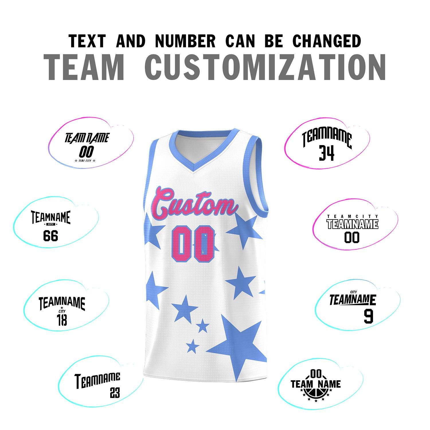 Custom White Light Blue Graffiti Pattern Star Print Basketball Kits Sets