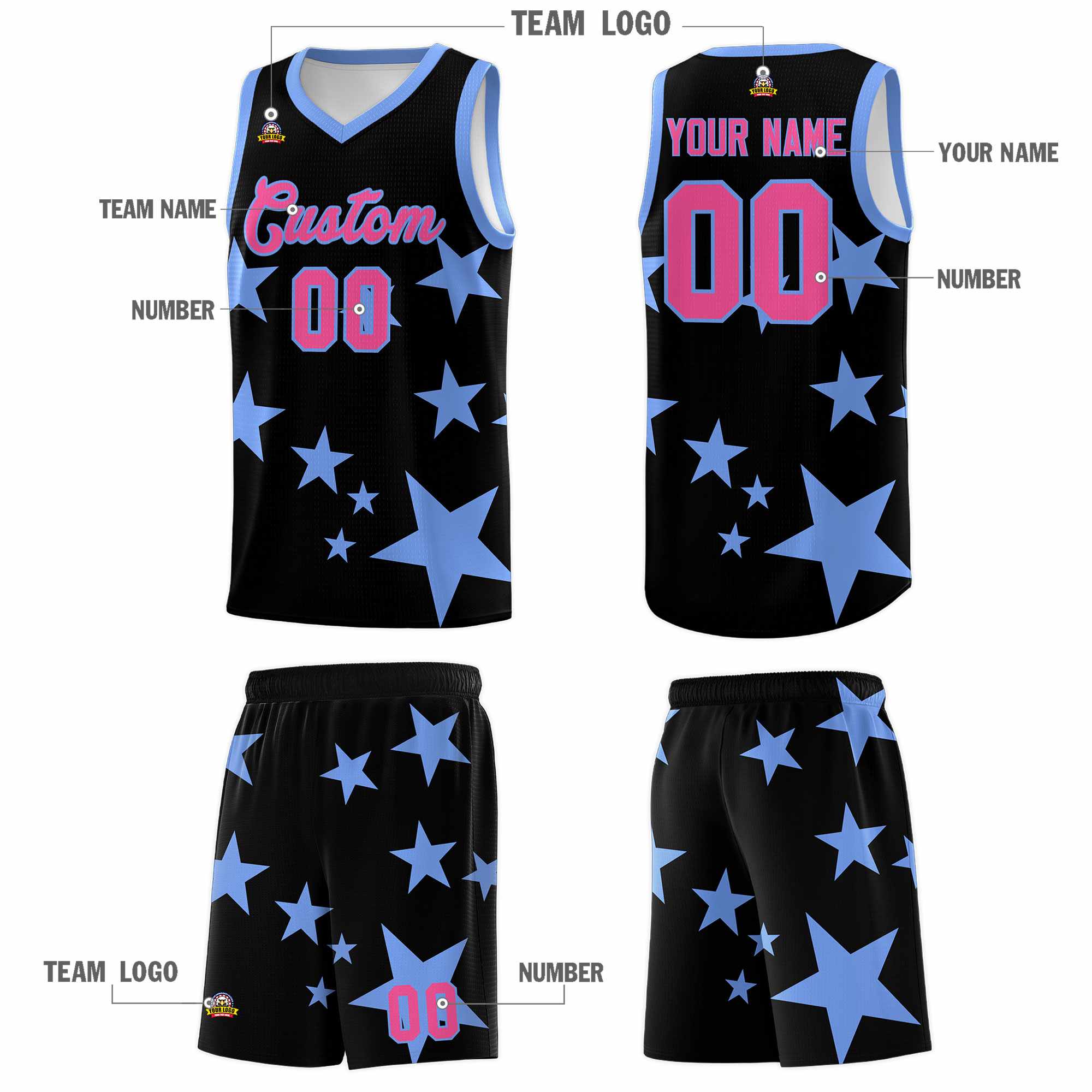 Custom Black Light Blue Graffiti Pattern Star Print Basketball Kits Sets