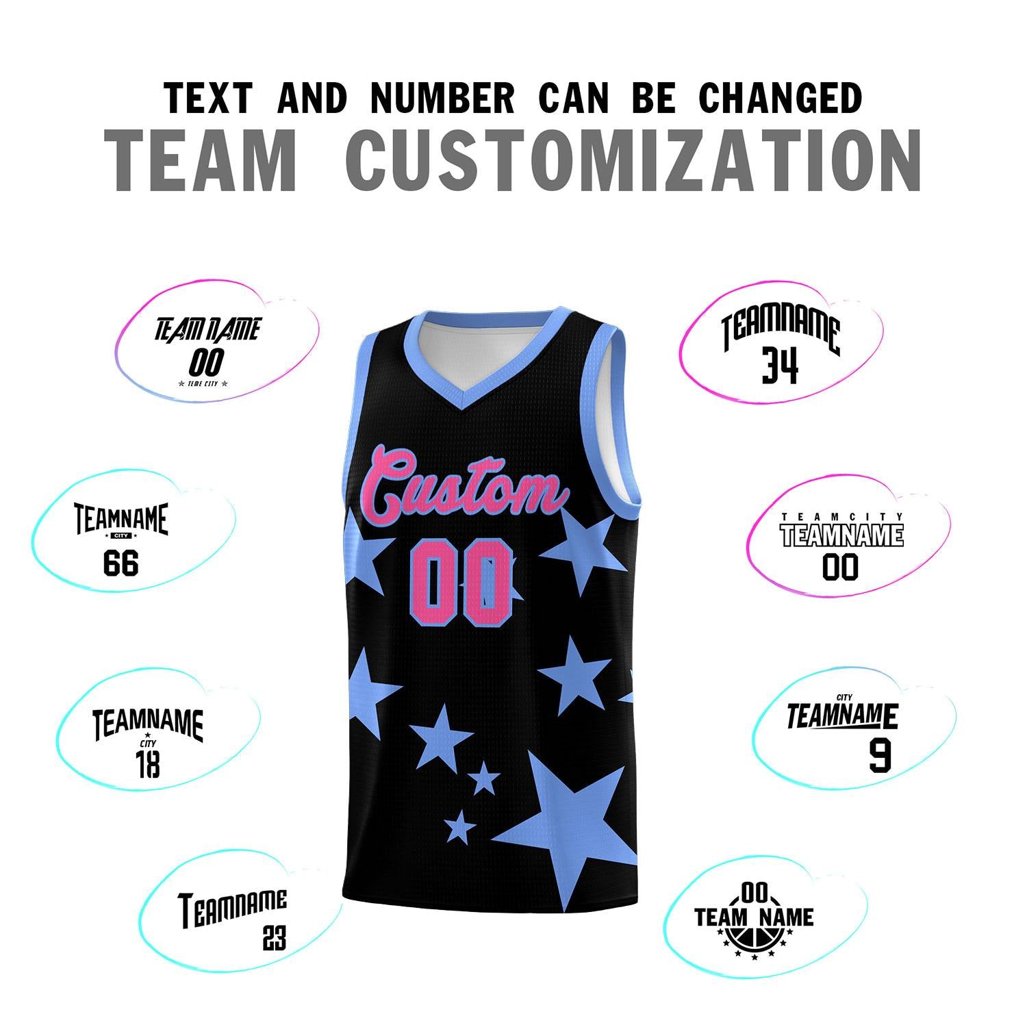 Custom Black Light Blue Graffiti Pattern Star Print Basketball Kits Sets