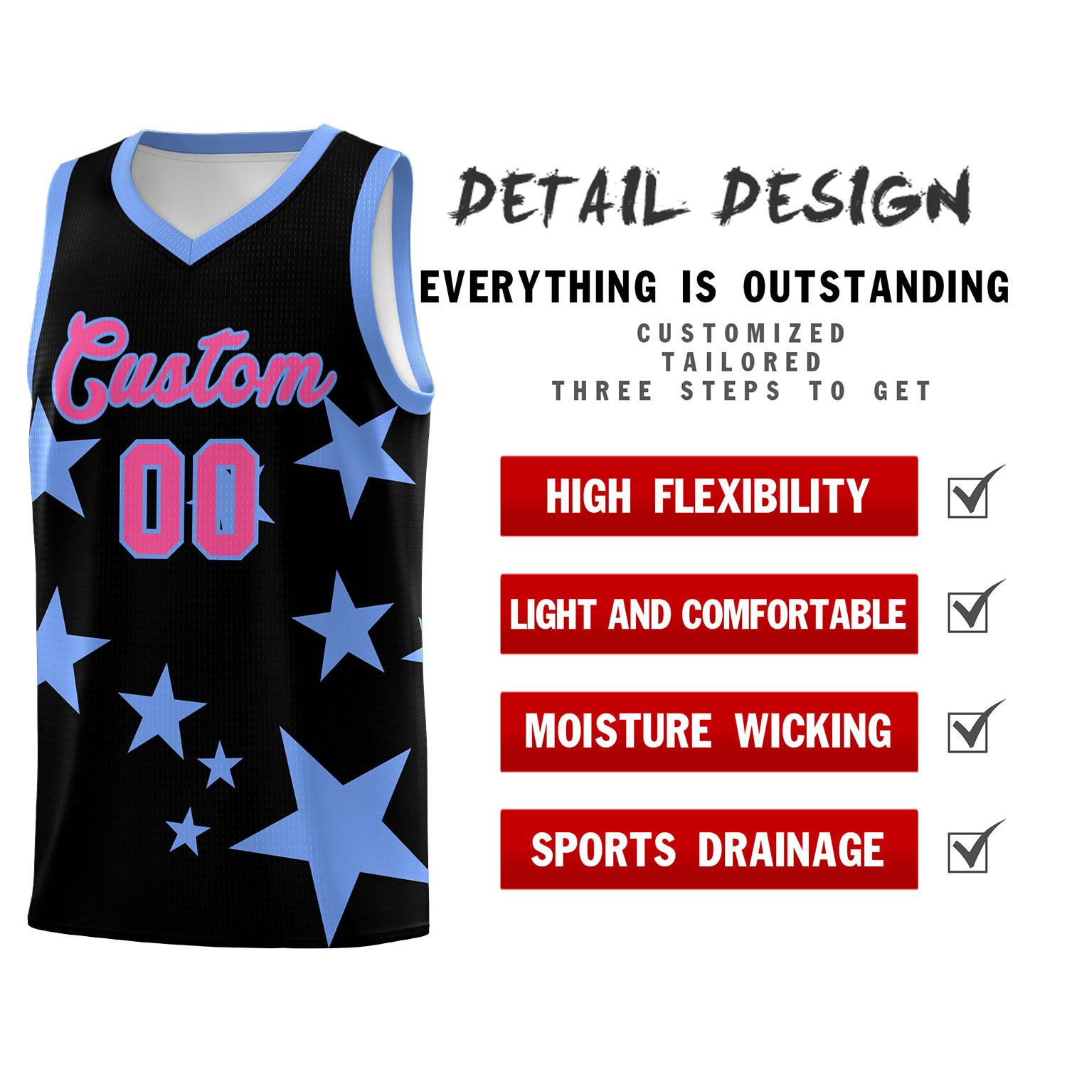 Custom Black Light Blue Graffiti Pattern Star Print Basketball Kits Sets