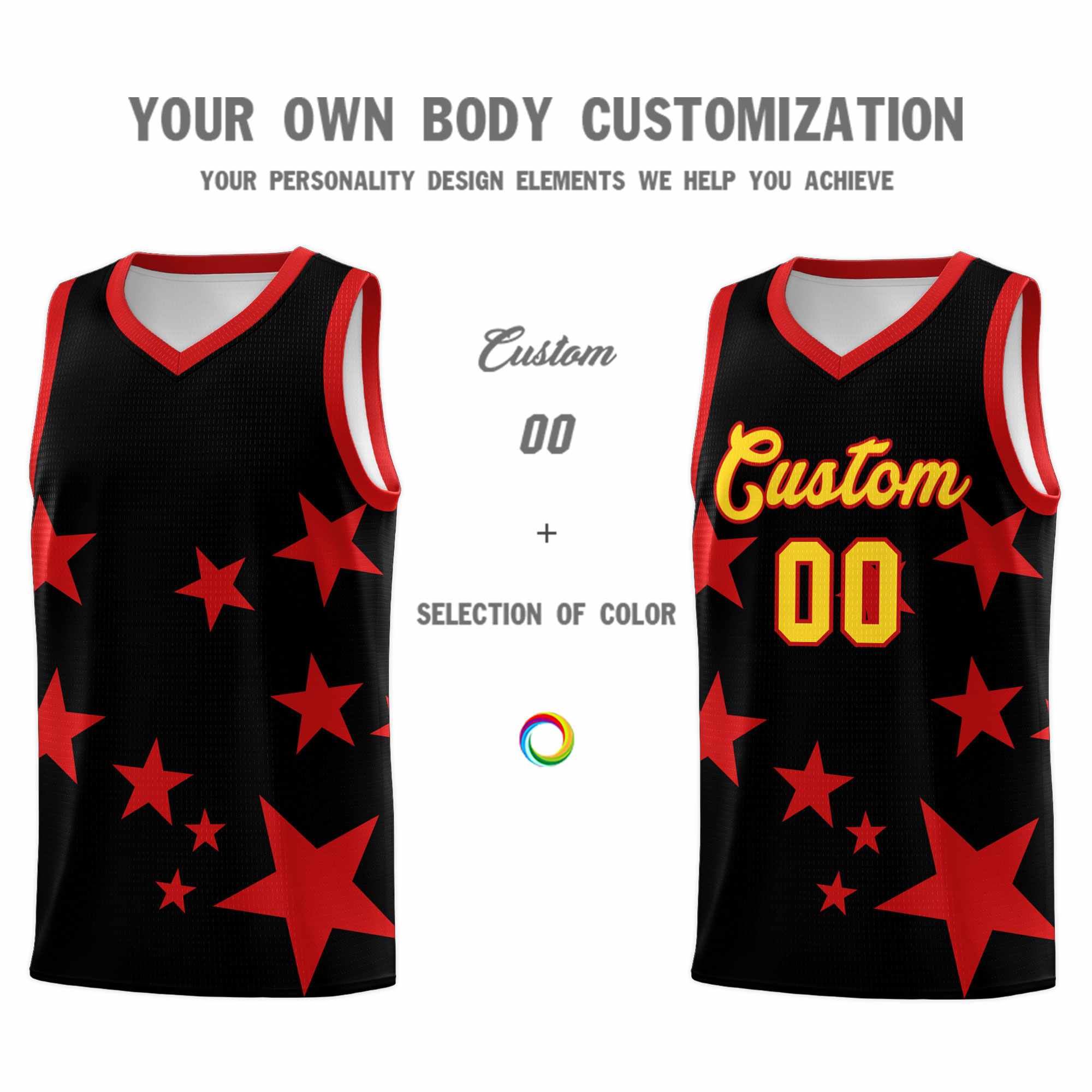 Custom Black Red Graffiti Pattern Star Print Basketball Kits Sets