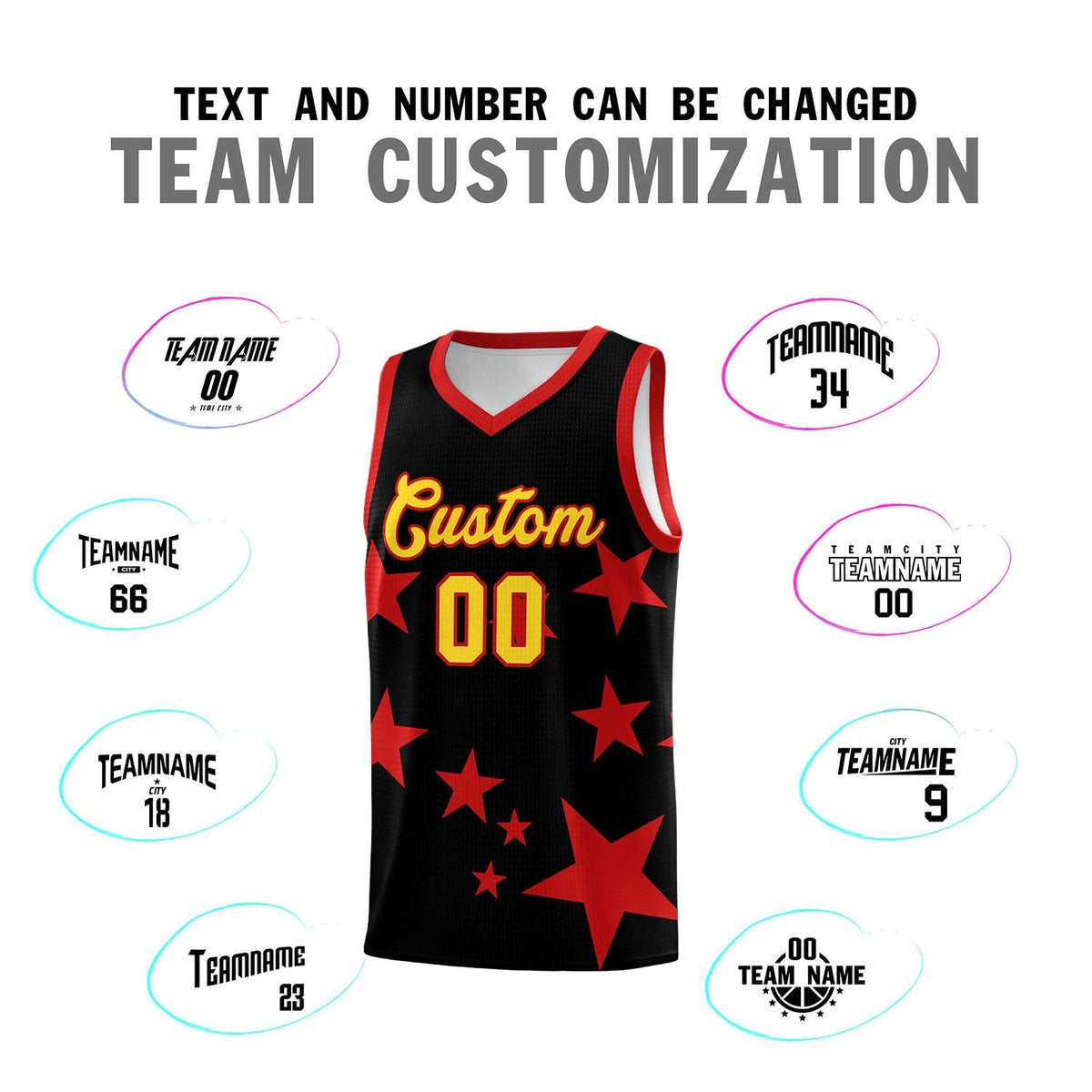 Custom Black Red Graffiti Pattern Star Print Basketball Kits Sets