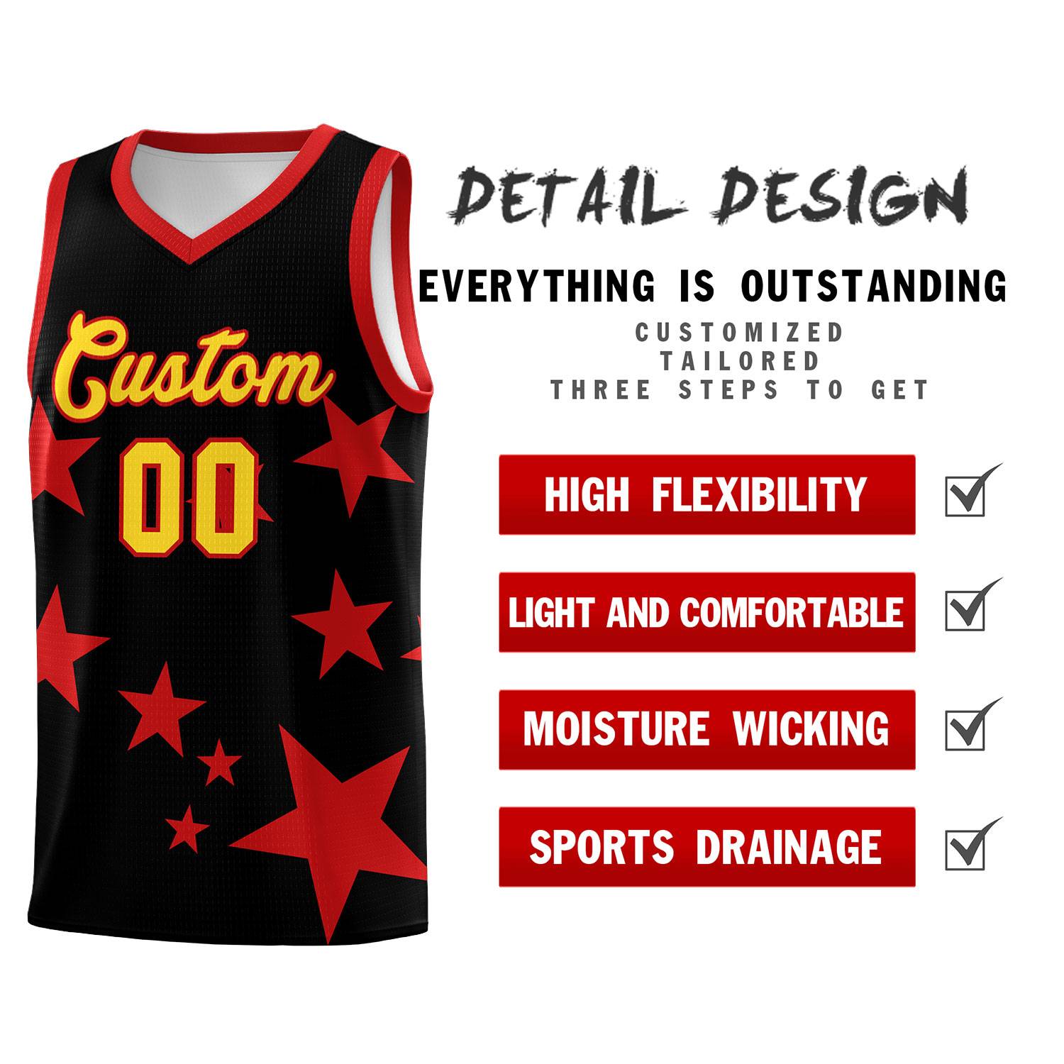 Custom Black Red Graffiti Pattern Star Print Basketball Kits Sets
