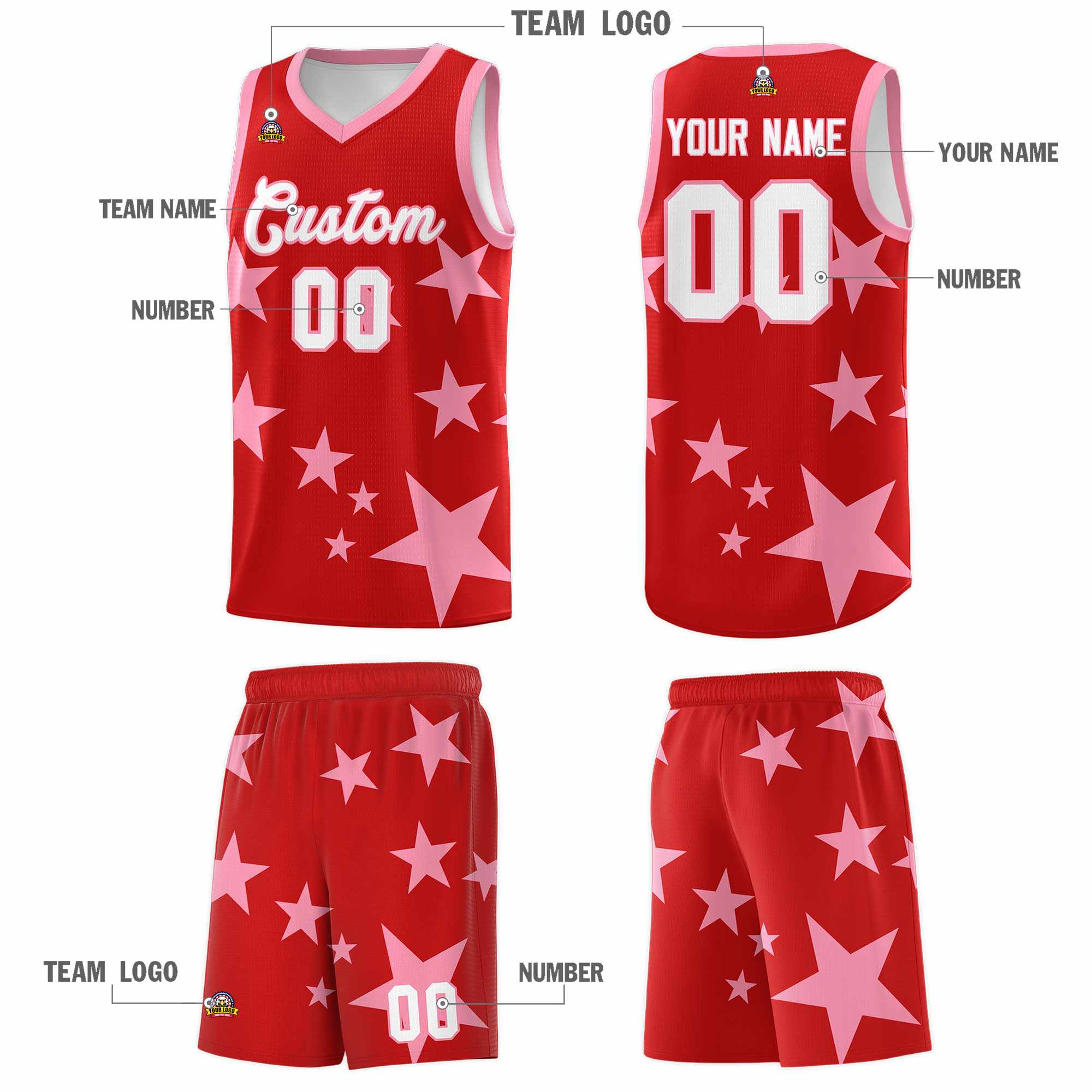 Custom Red Light Pink Graffiti Pattern Star Print Basketball Kits Sets