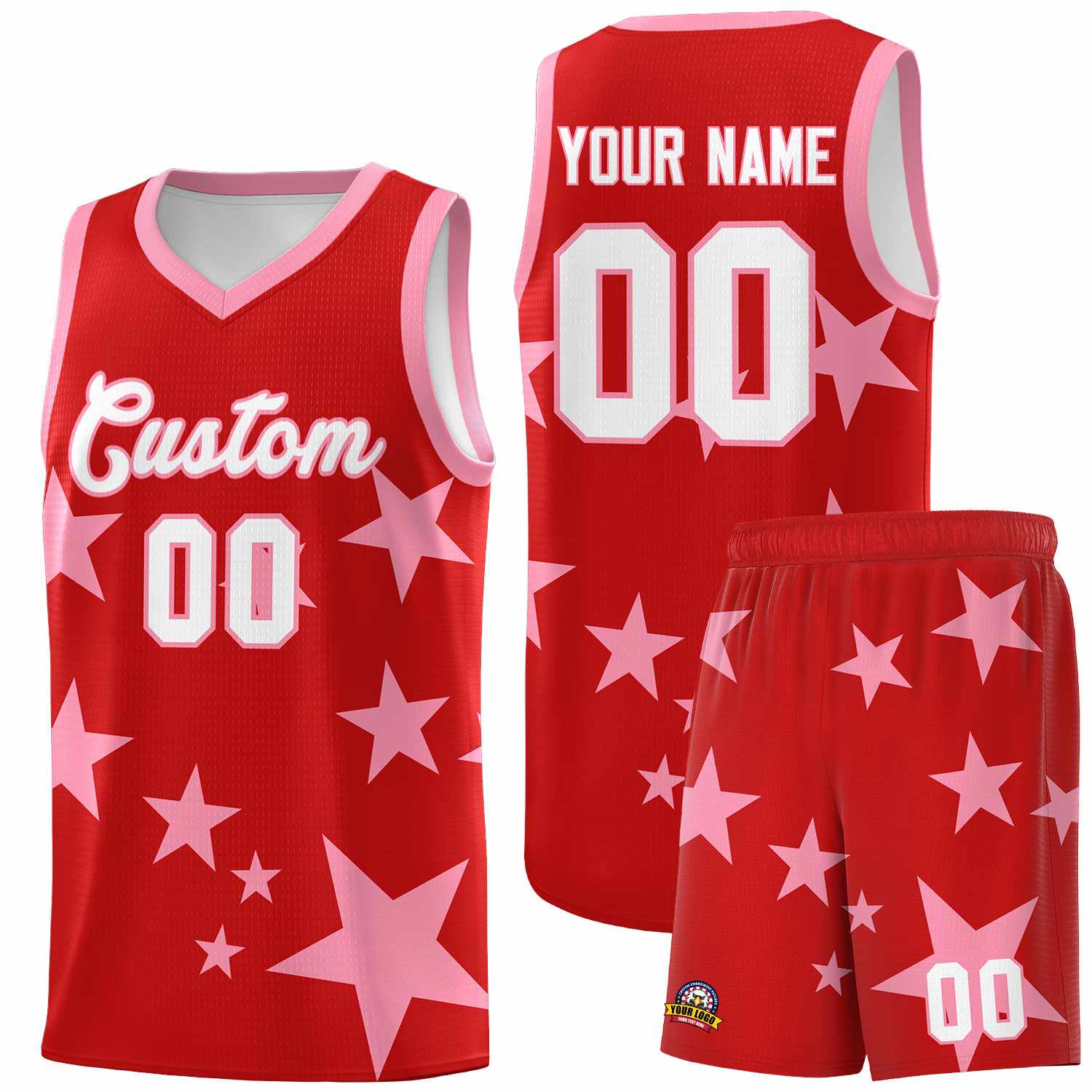 Custom Red Light Pink Graffiti Pattern Star Print Basketball Kits Sets
