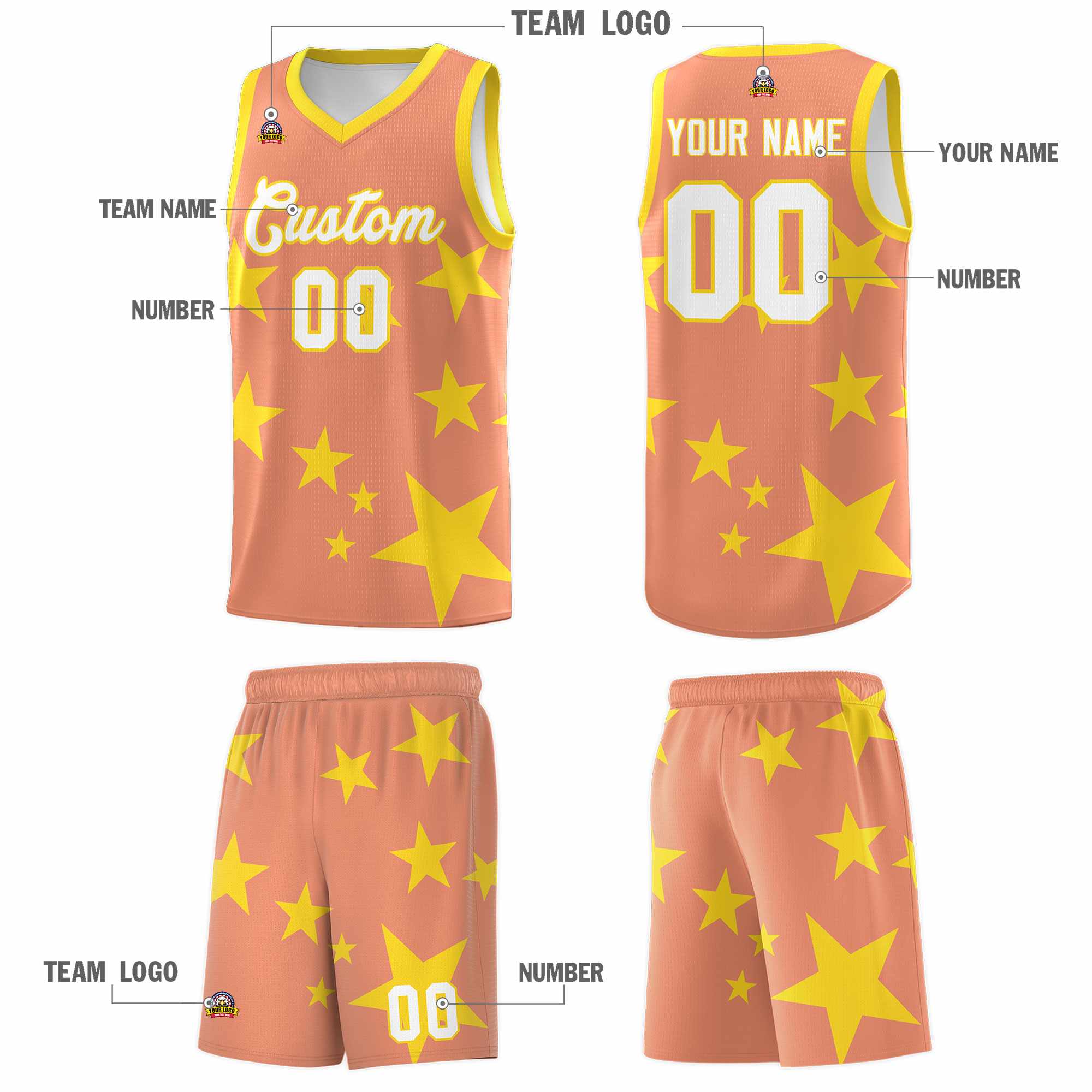 Custom Light Orange Gold Graffiti Pattern Star Print Basketball Kits Sets