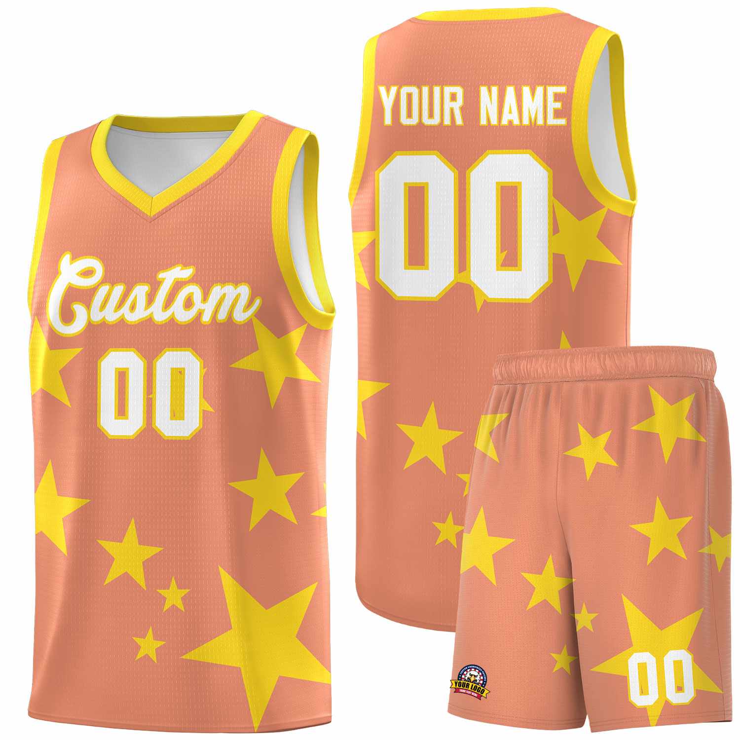 Custom Light Orange Gold Graffiti Pattern Star Print Basketball Kits Sets
