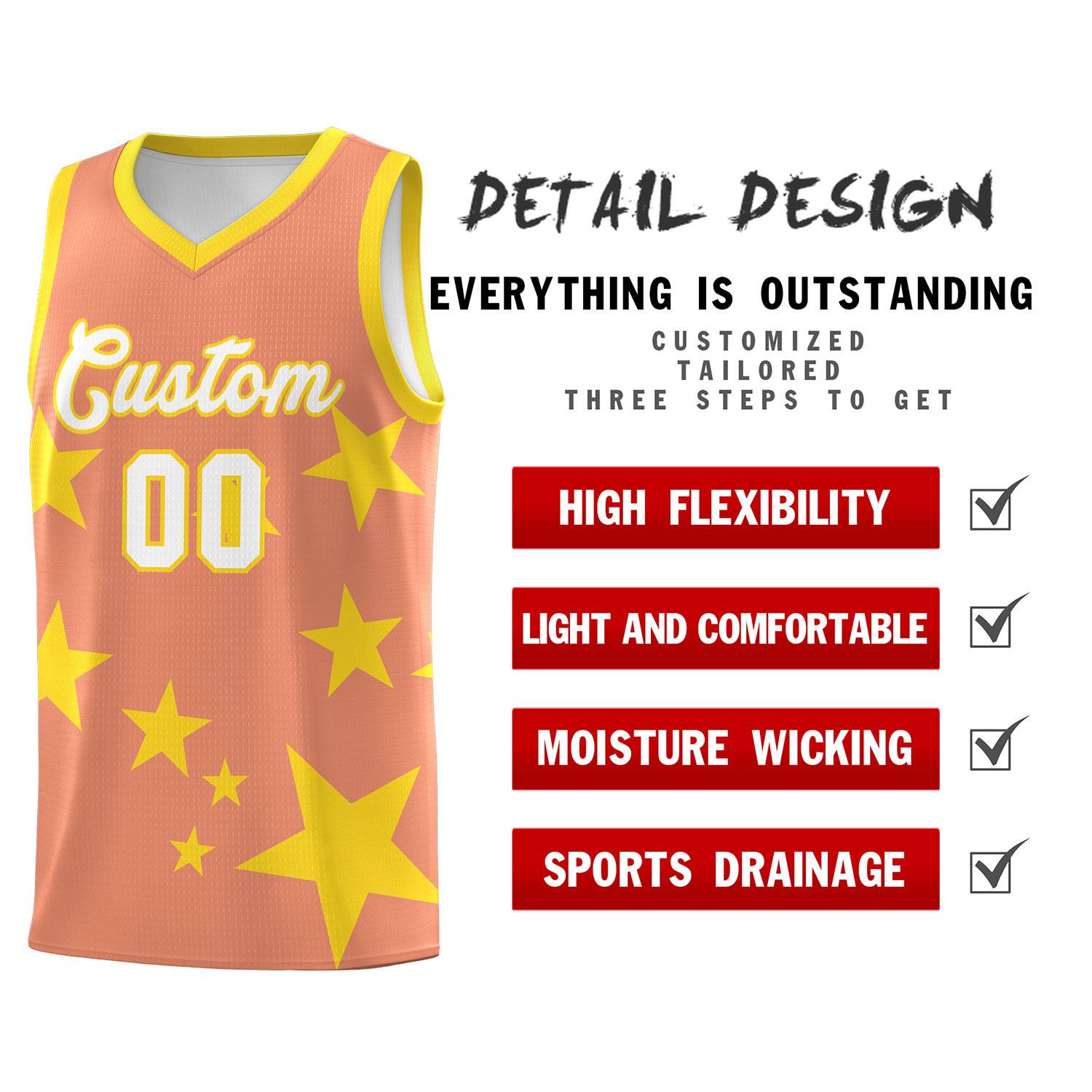 Custom Light Orange Gold Graffiti Pattern Star Print Basketball Kits Sets