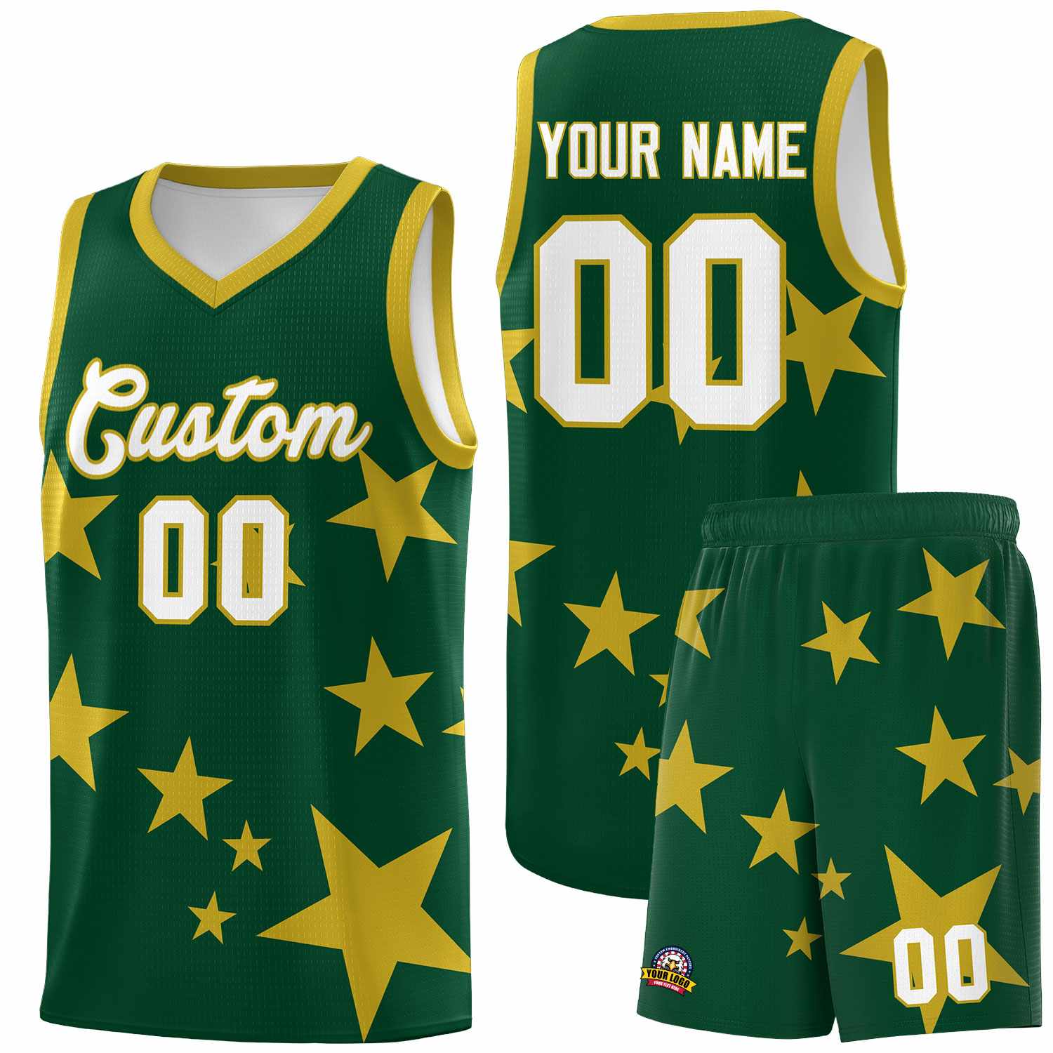 Custom Green Old Gold Graffiti Pattern Star Print Basketball Kits Sets