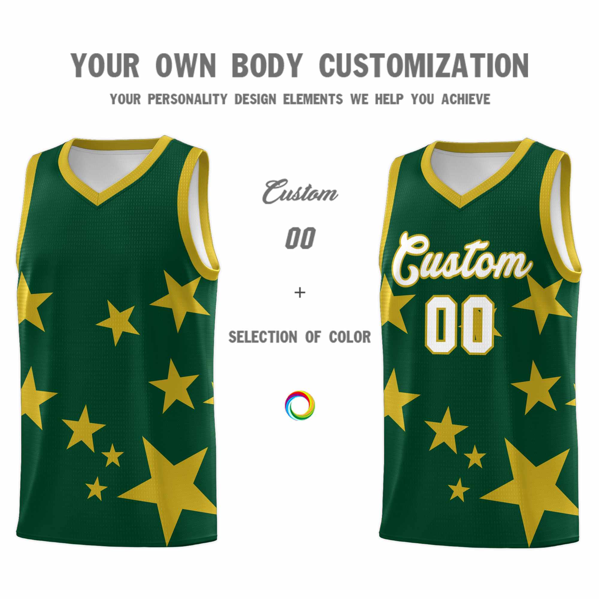 Custom Green Old Gold Graffiti Pattern Star Print Basketball Kits Sets