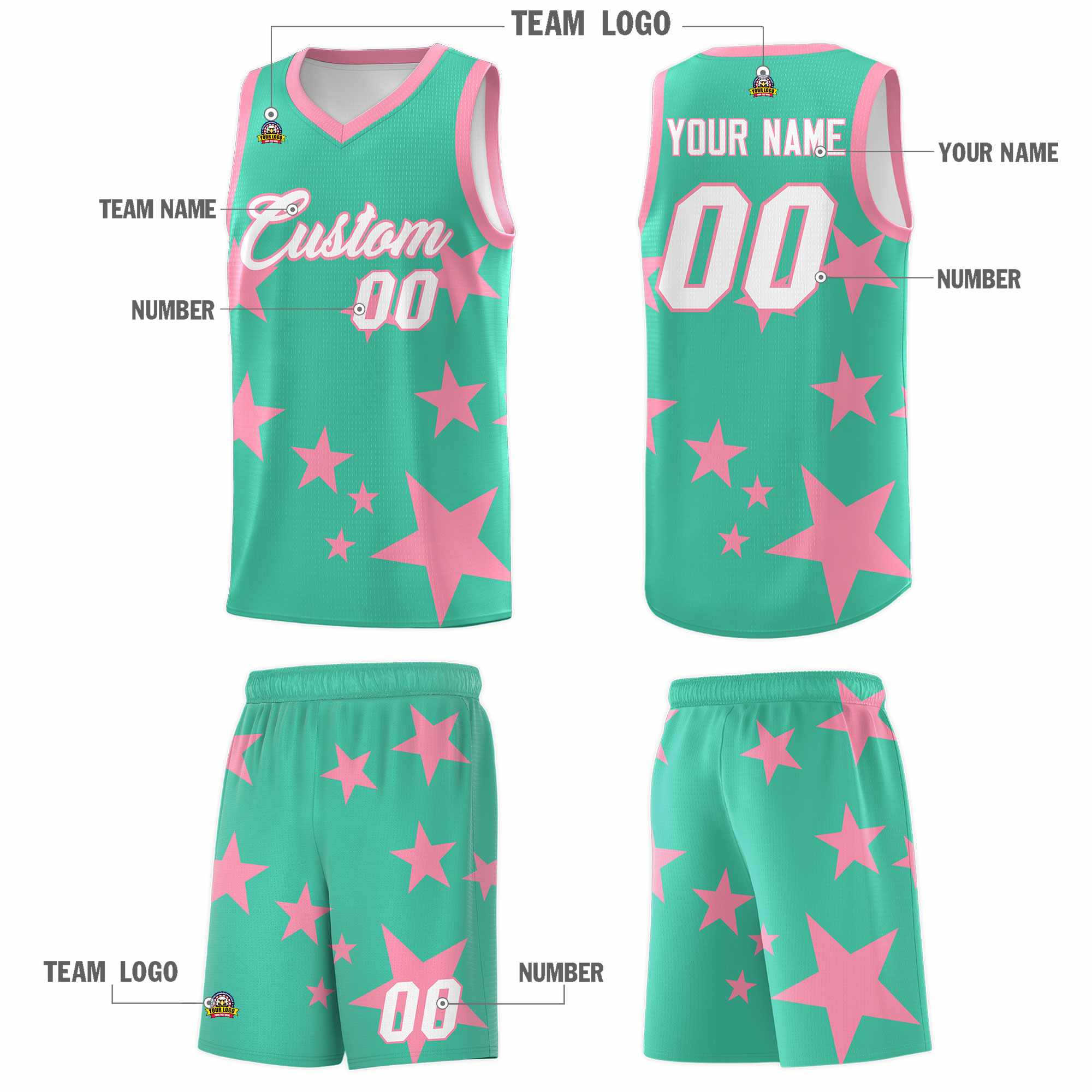 Custom Bright Green Light Pink Graffiti Pattern Star Print Basketball Kits Sets