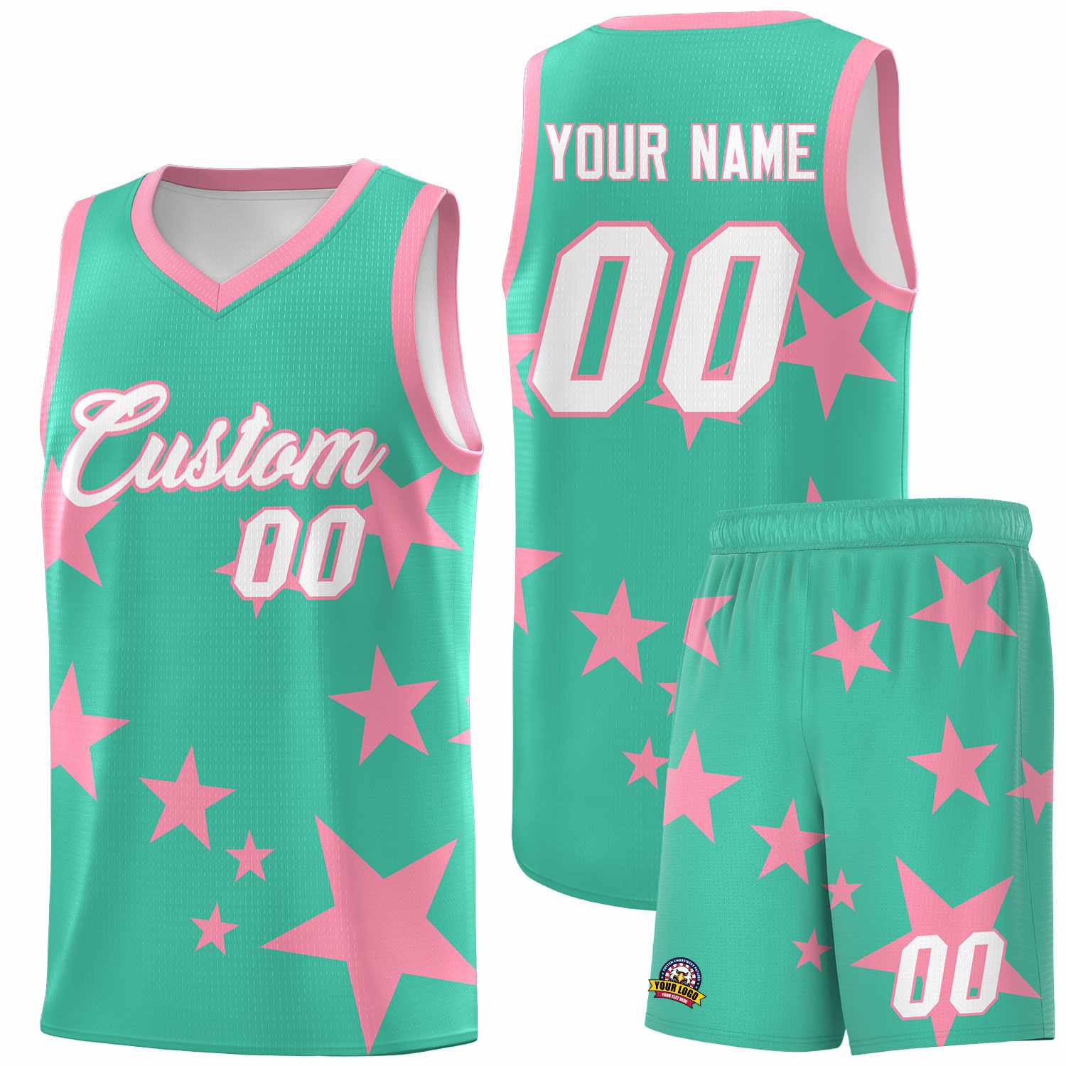 Custom Bright Green Light Pink Graffiti Pattern Star Print Basketball Kits Sets