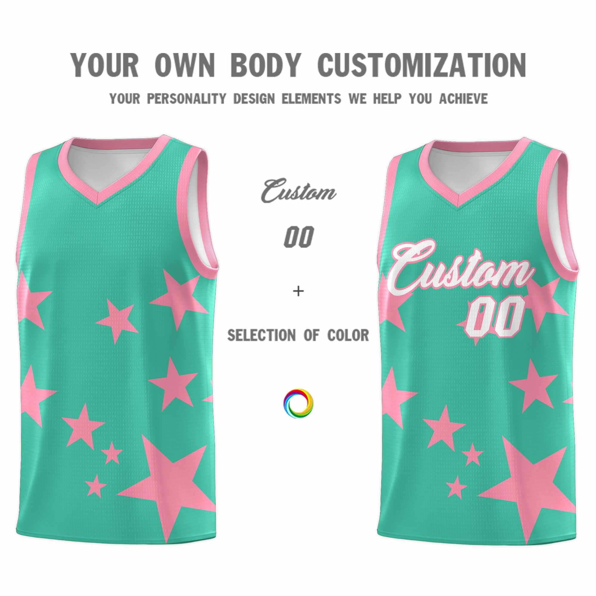 Custom Bright Green Light Pink Graffiti Pattern Star Print Basketball Kits Sets