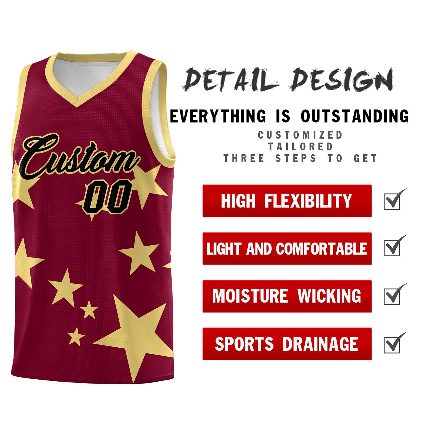 Custom Crimson Khaki Graffiti Pattern Star Print Basketball Kits Sets
