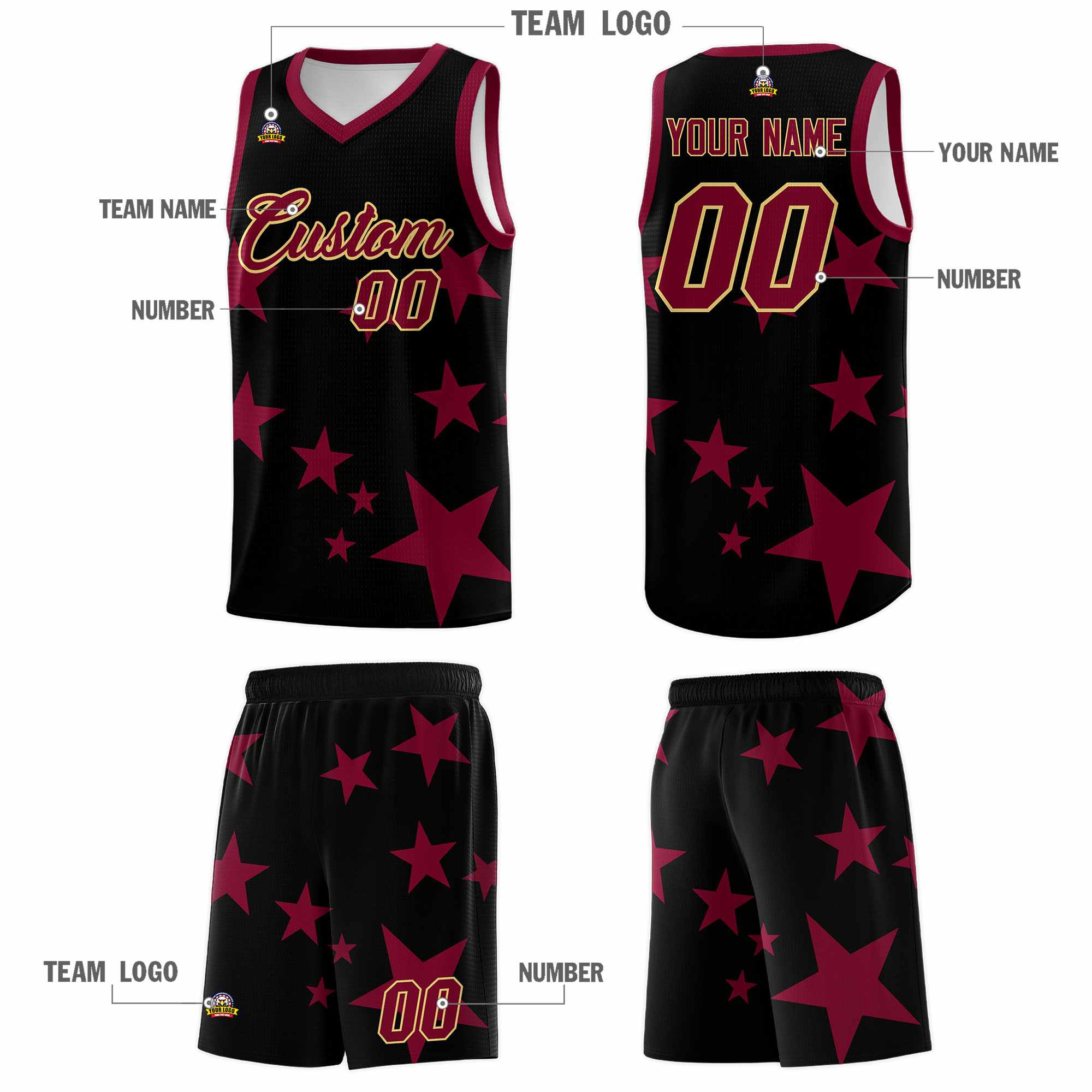 Custom Black Crimson Graffiti Pattern Star Print Basketball Kits Sets