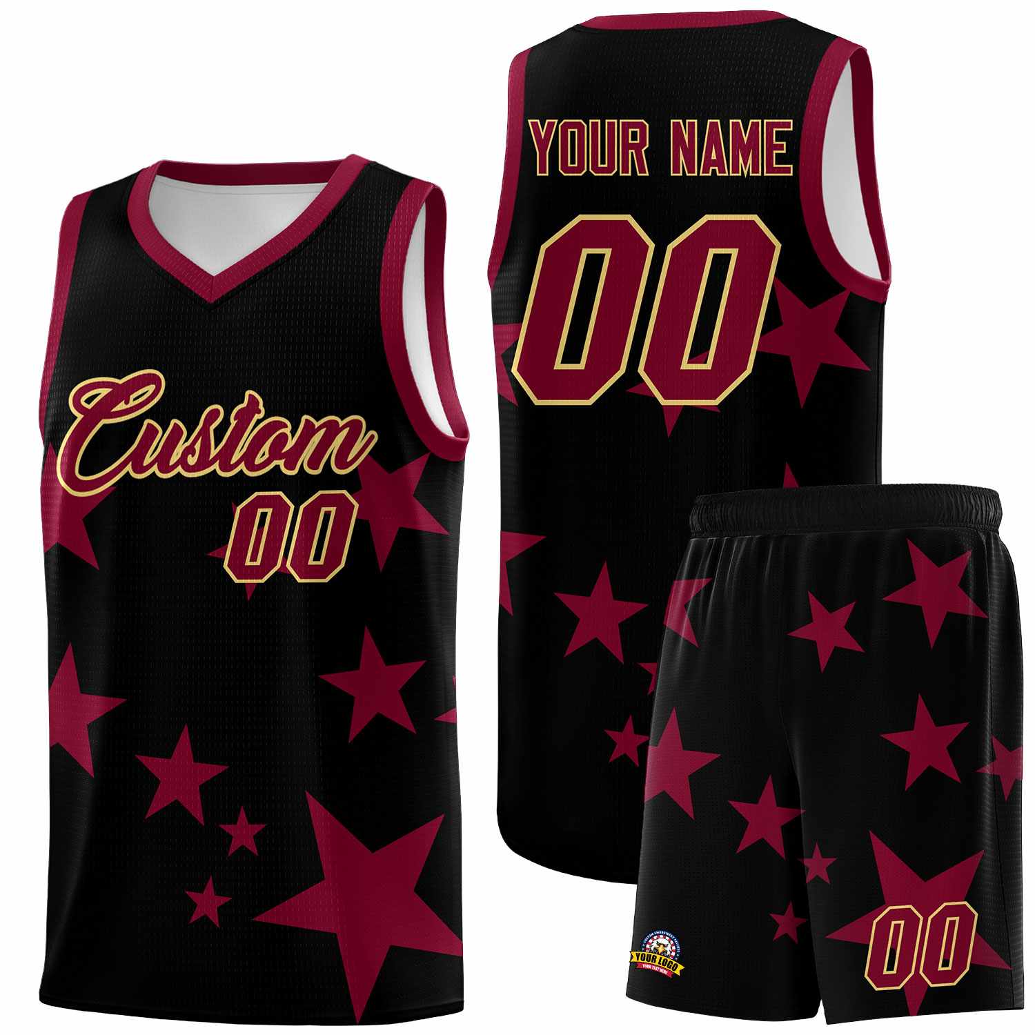 Custom Black Crimson Graffiti Pattern Star Print Basketball Kits Sets