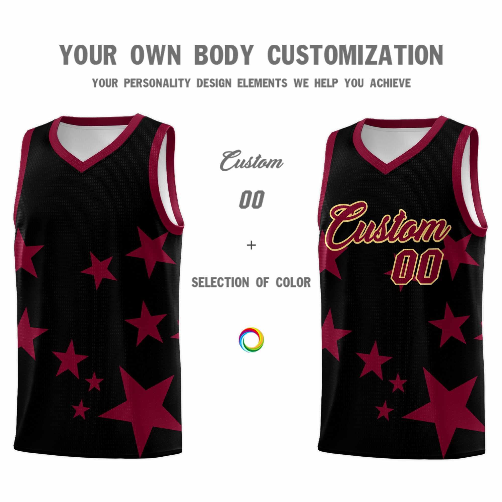 Custom Black Crimson Graffiti Pattern Star Print Basketball Kits Sets