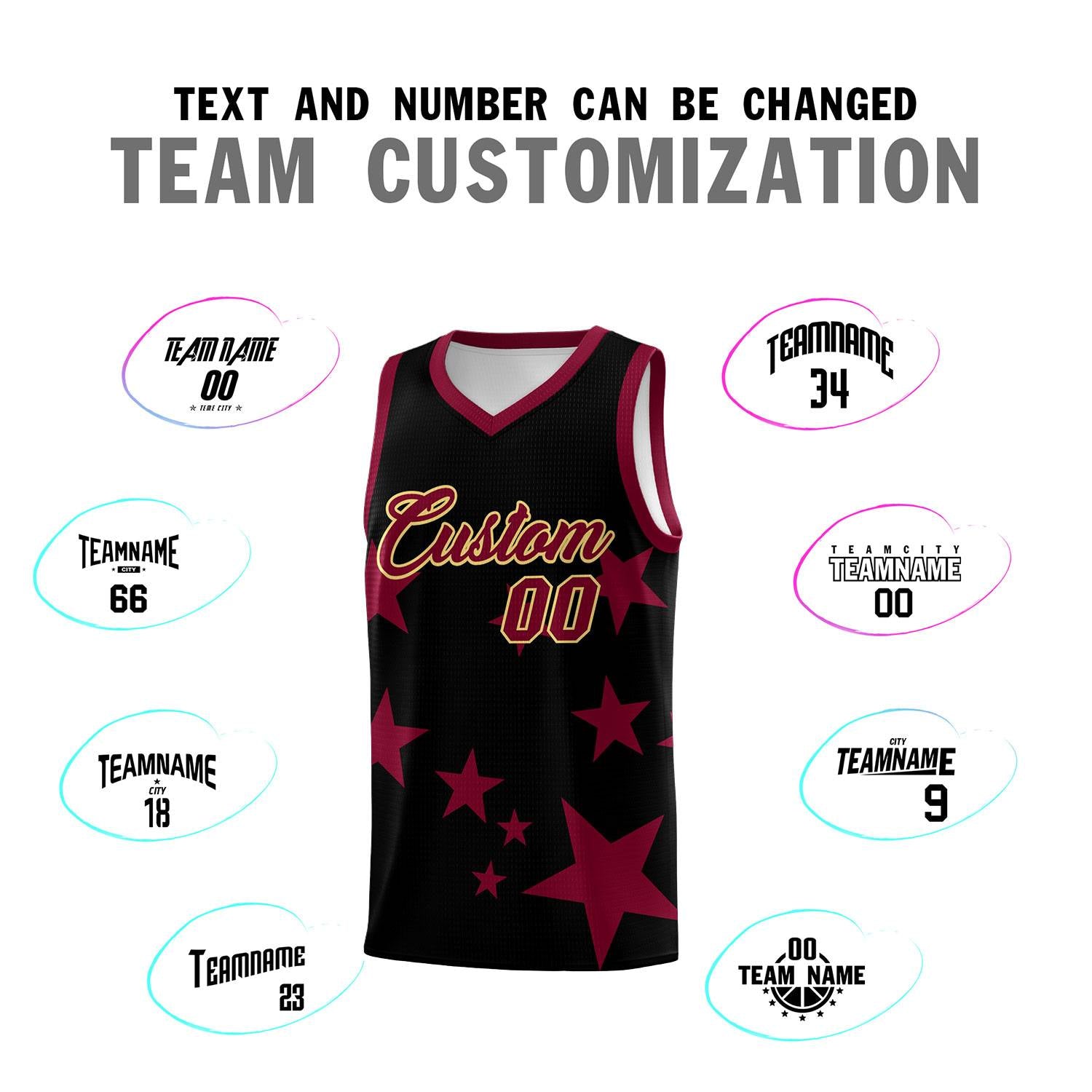 Custom Black Crimson Graffiti Pattern Star Print Basketball Kits Sets