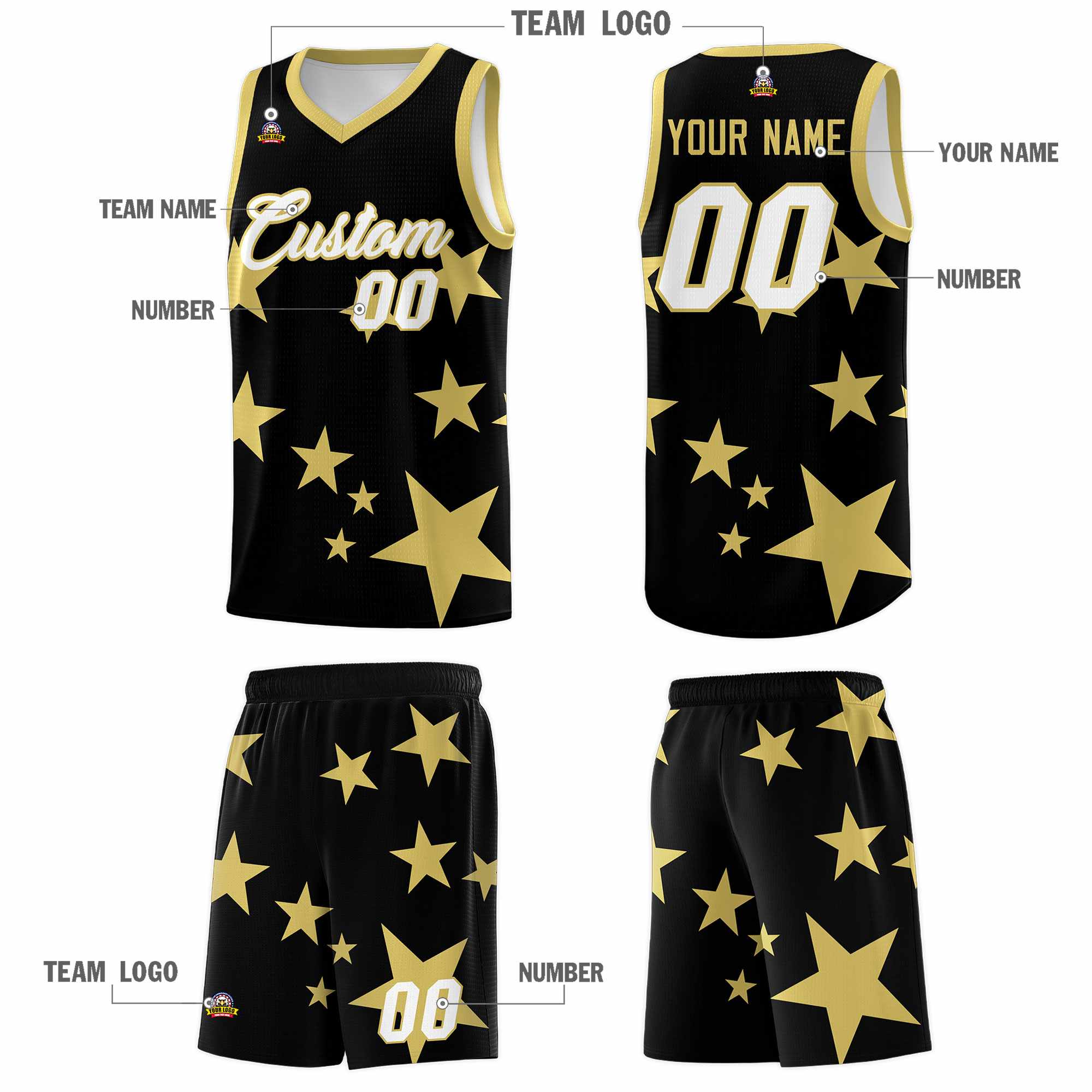 Custom Black Old Gold Graffiti Pattern Star Print Basketball Kits Sets