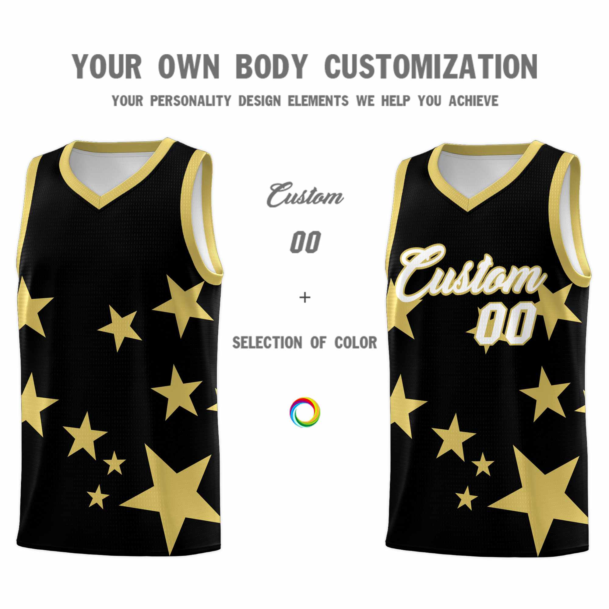 Custom Black Old Gold Graffiti Pattern Star Print Basketball Kits Sets