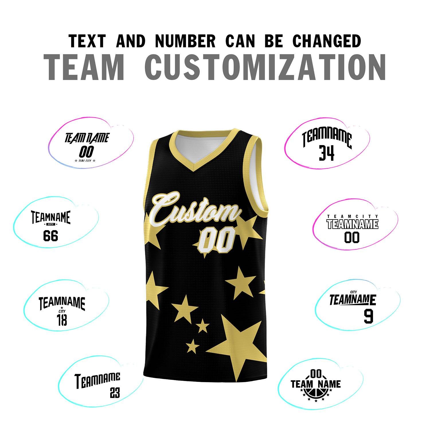 Custom Black Old Gold Graffiti Pattern Star Print Basketball Kits Sets