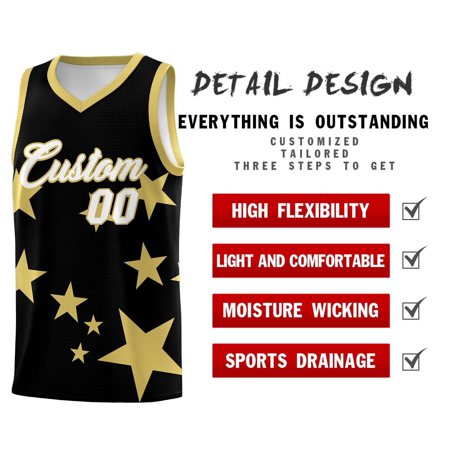 Custom Black Old Gold Graffiti Pattern Star Print Basketball Kits Sets