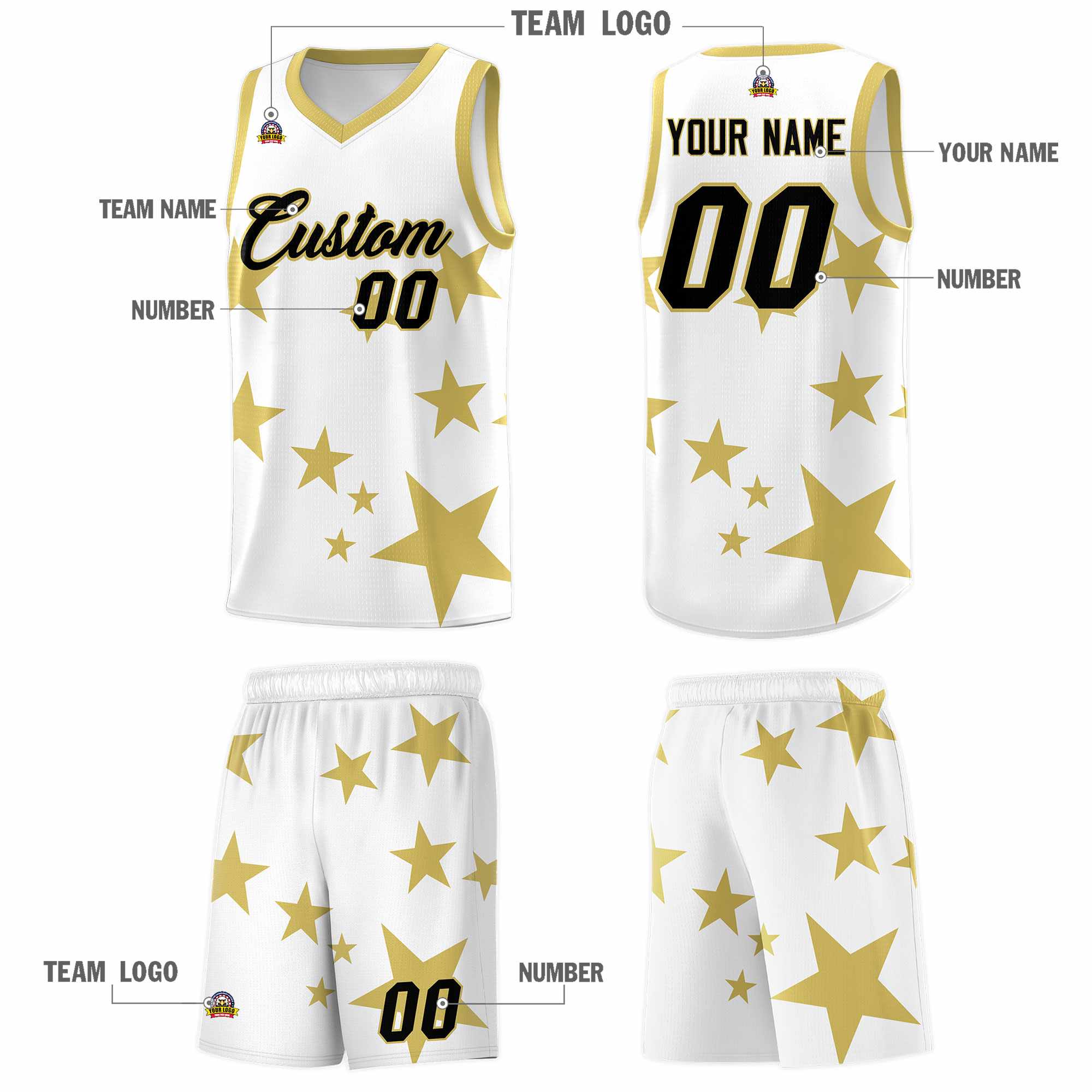 Custom White Old Gold Graffiti Pattern Star Print Basketball Kits Sets