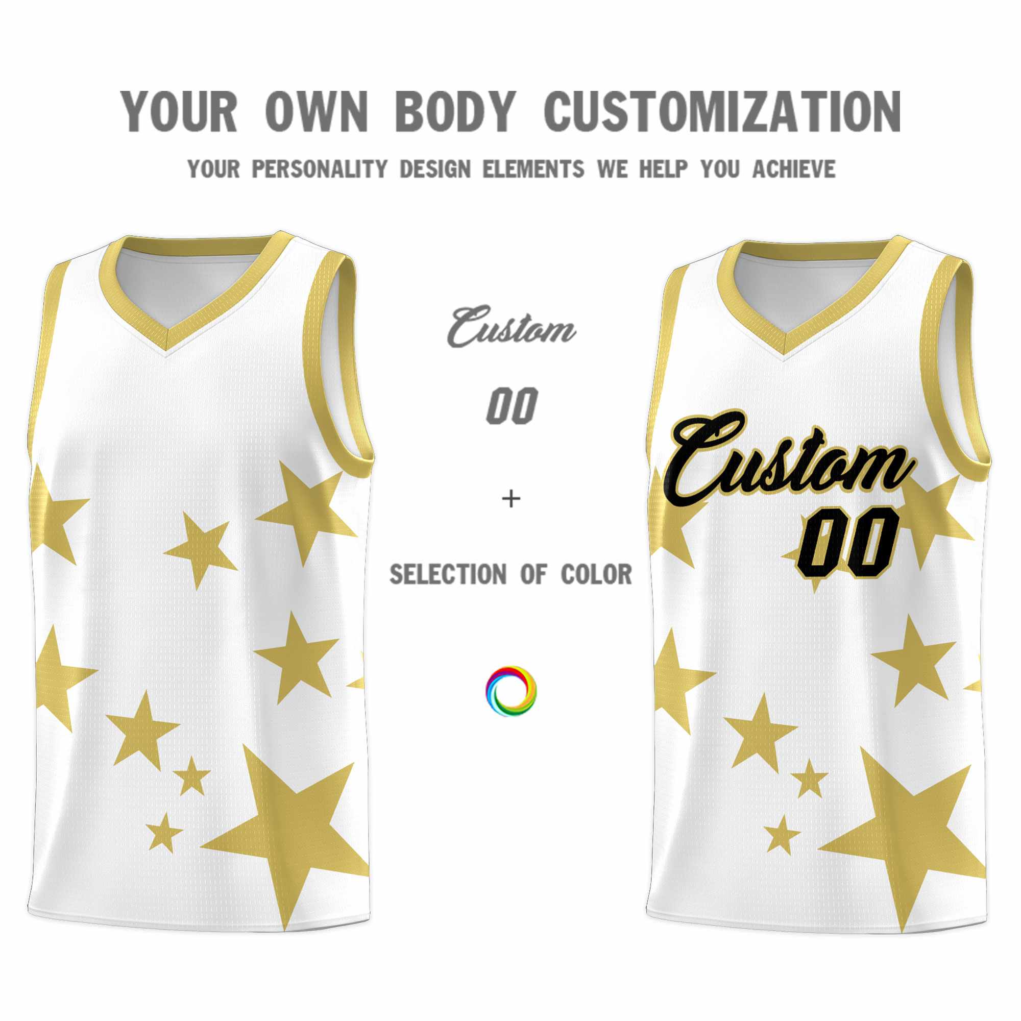 Custom White Old Gold Graffiti Pattern Star Print Basketball Kits Sets
