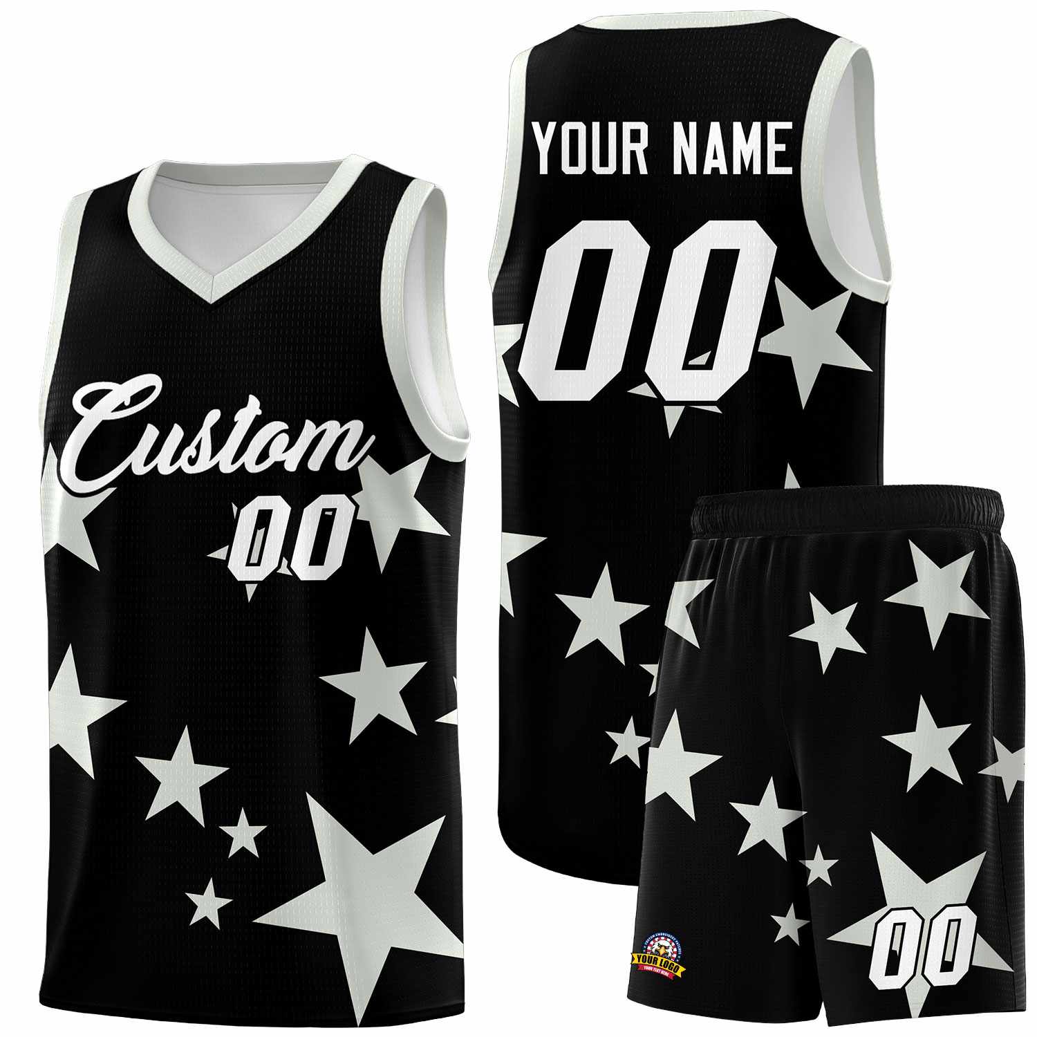 Custom Black Gray Graffiti Pattern Star Print Basketball Kits Sets