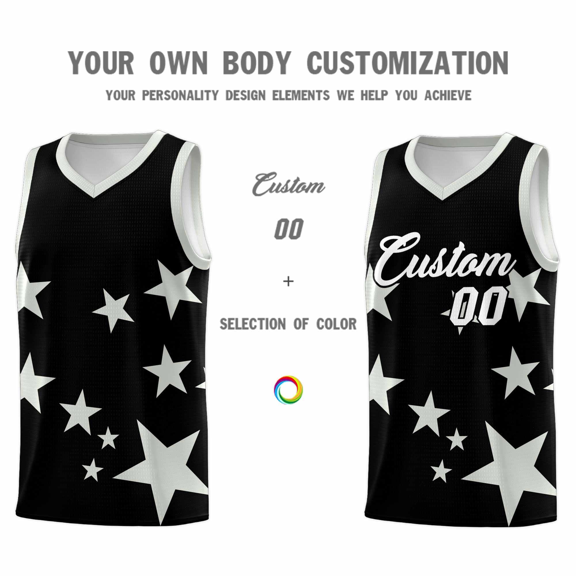 Custom Black Gray Graffiti Pattern Star Print Basketball Kits Sets