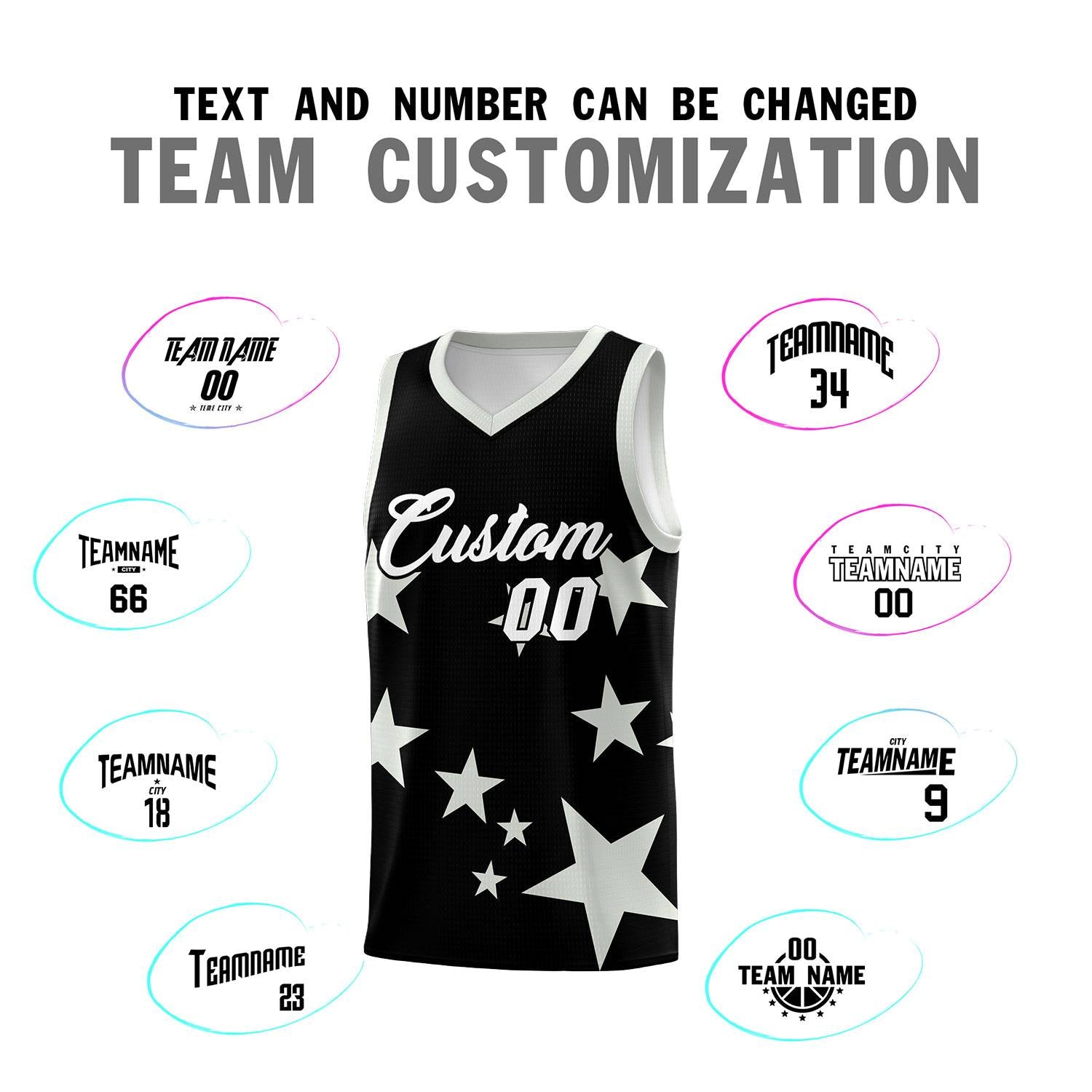 Custom Black Gray Graffiti Pattern Star Print Basketball Kits Sets