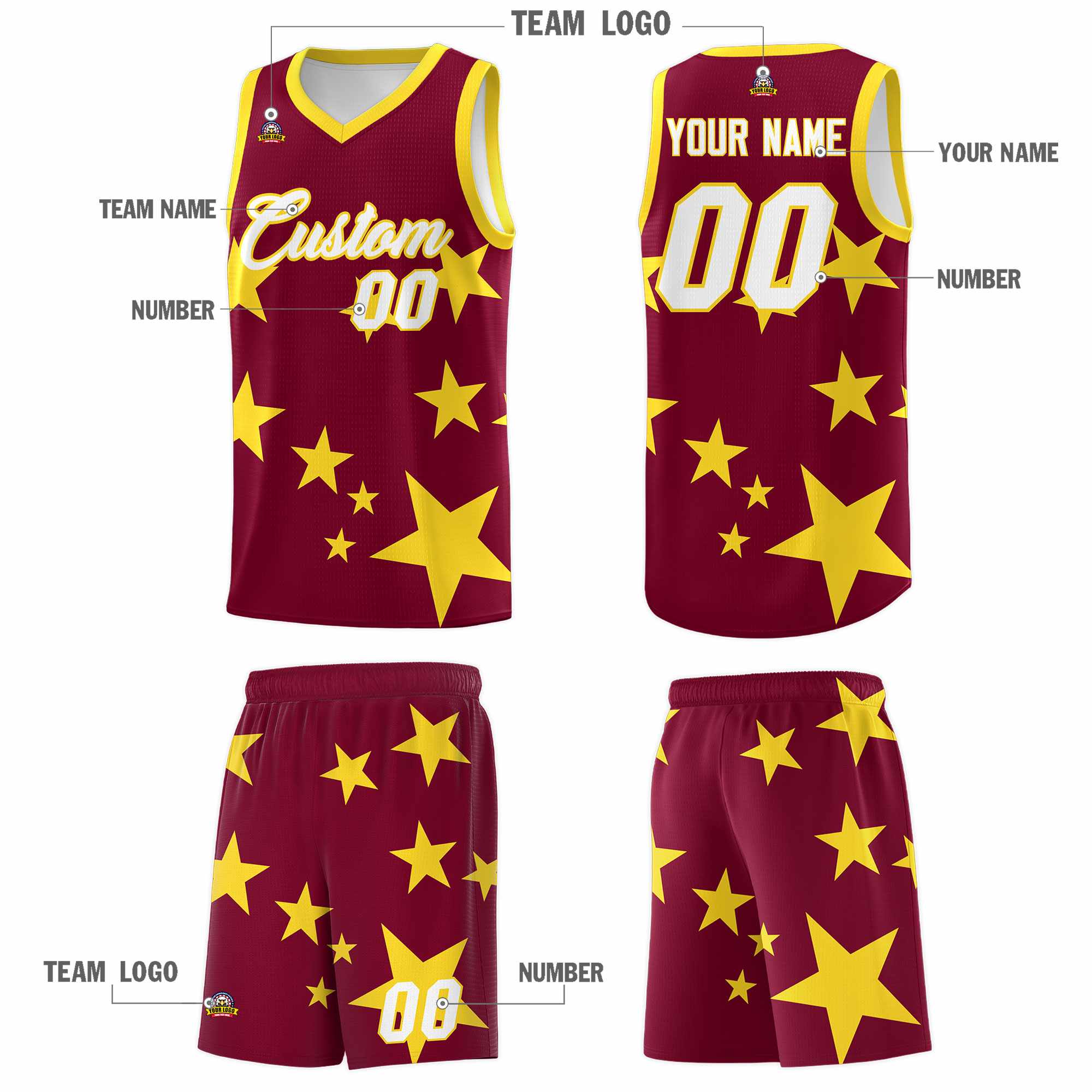 Custom Crimson Gold Graffiti Pattern Star Print Basketball Kits Sets