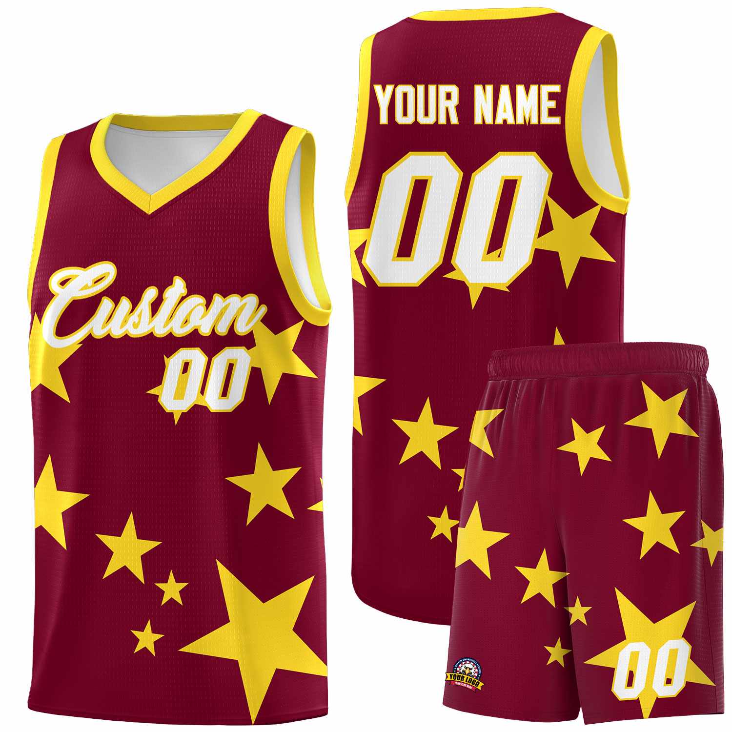Custom Crimson Gold Graffiti Pattern Star Print Basketball Kits Sets