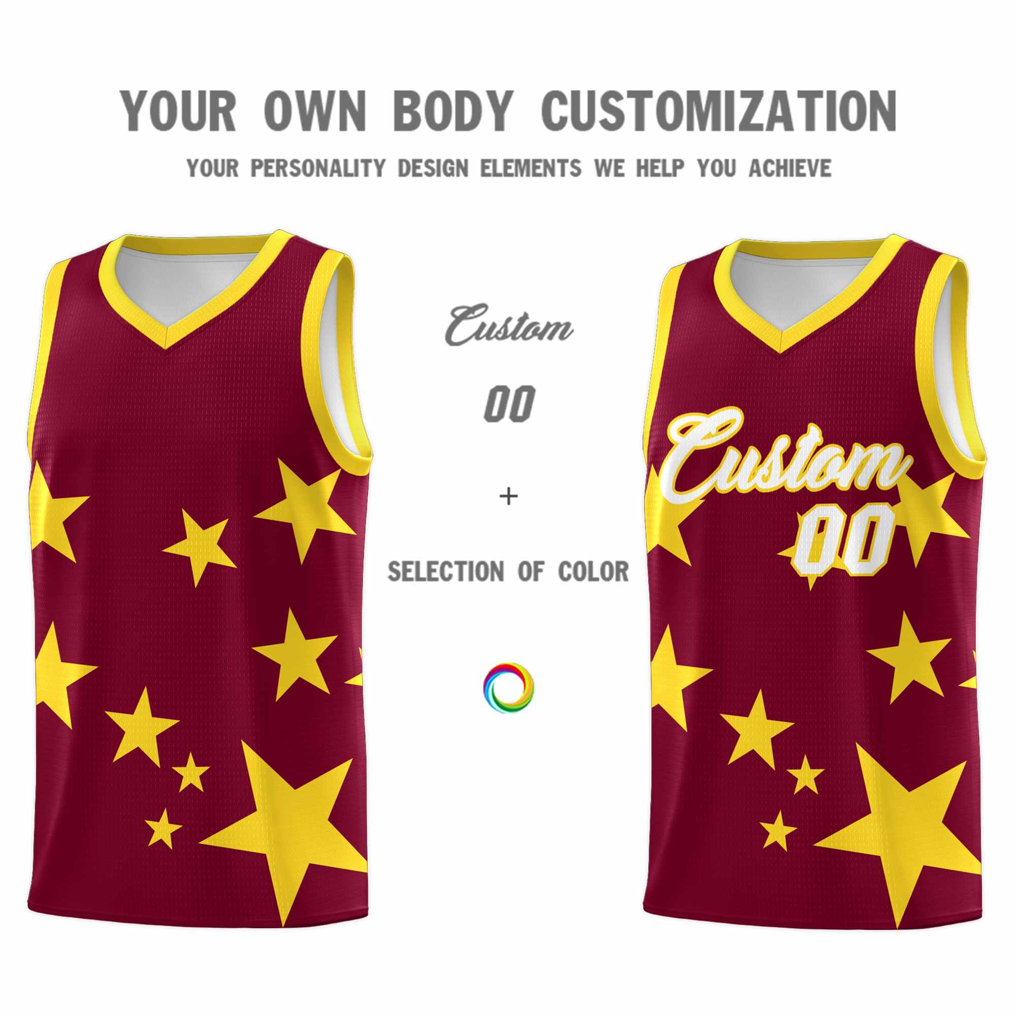 Custom Crimson Gold Graffiti Pattern Star Print Basketball Kits Sets