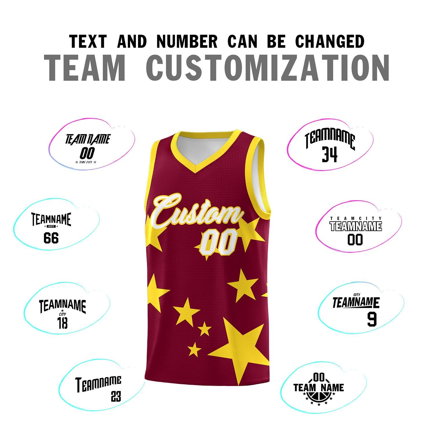 Custom Crimson Gold Graffiti Pattern Star Print Basketball Kits Sets