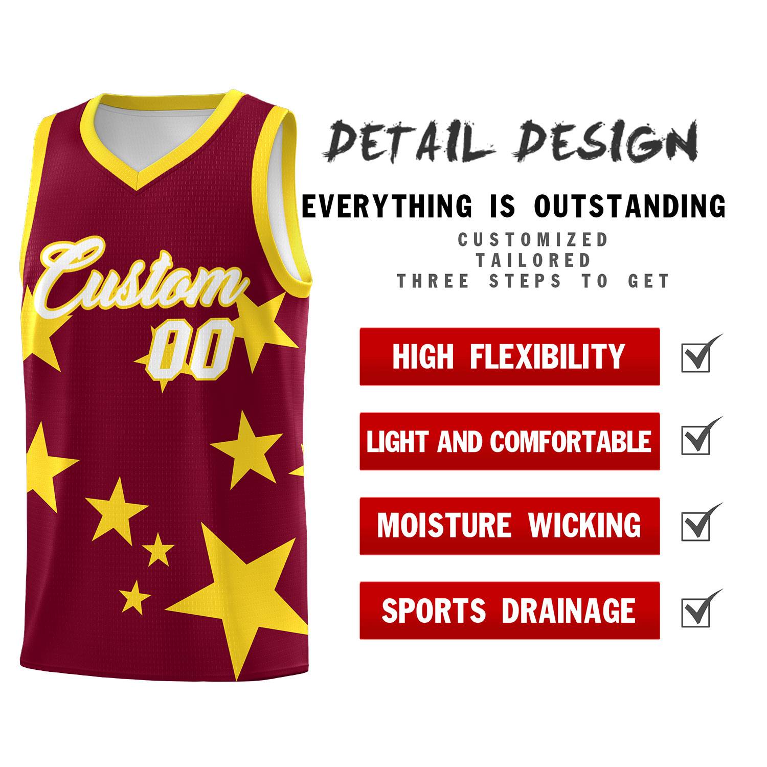 Custom Crimson Gold Graffiti Pattern Star Print Basketball Kits Sets