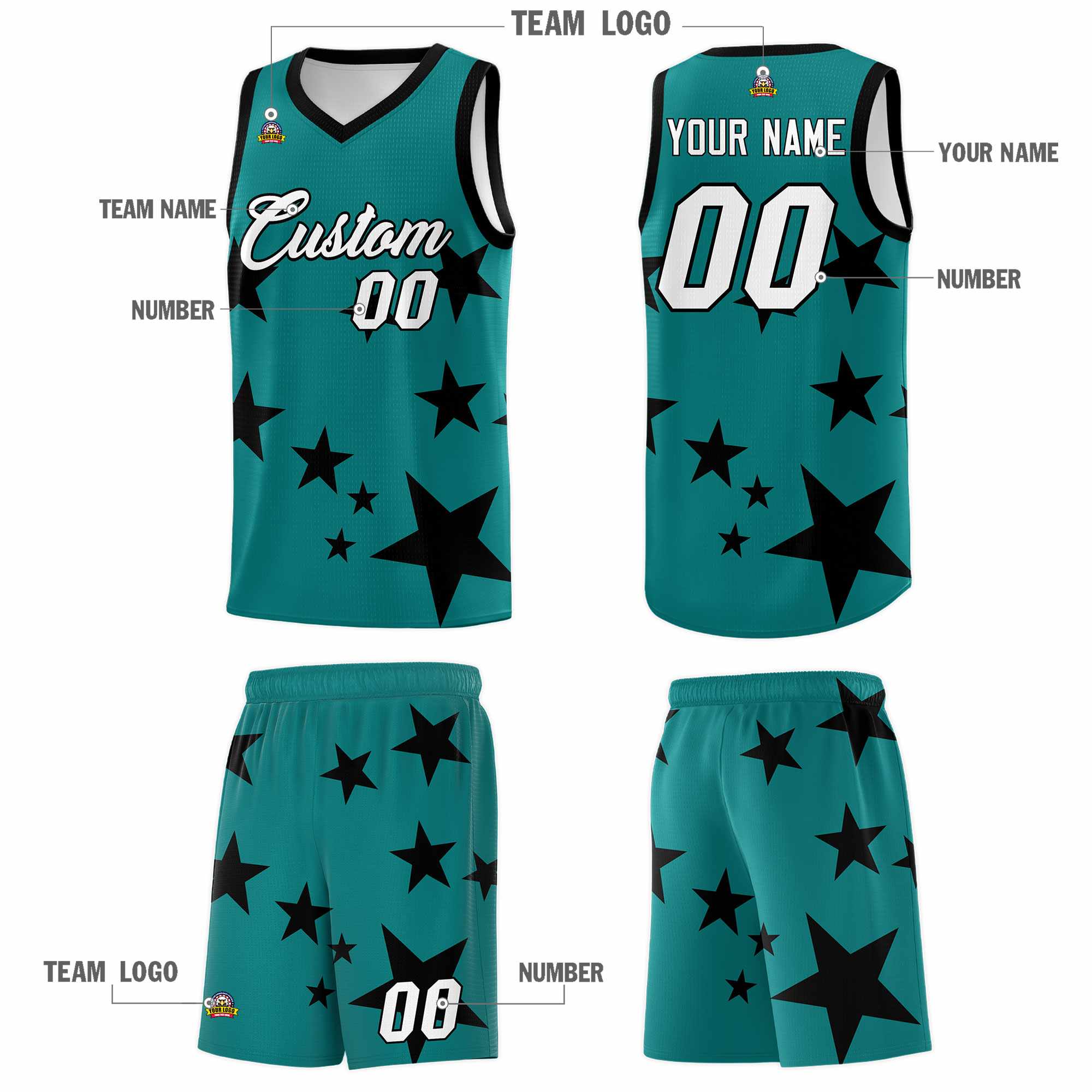 Custom Aqua Black Graffiti Pattern Star Print Basketball Kits Sets