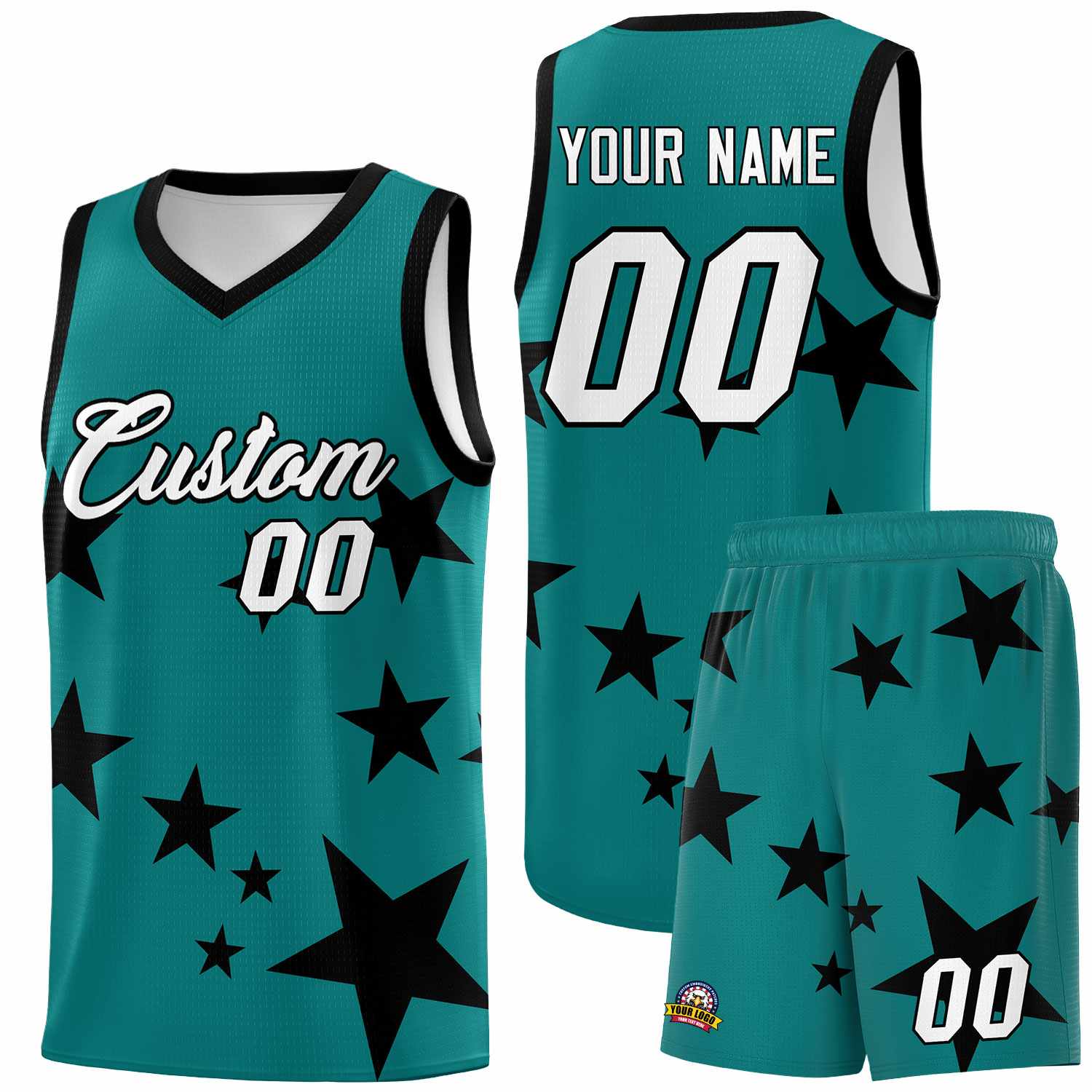 Custom Aqua Black Graffiti Pattern Star Print Basketball Kits Sets