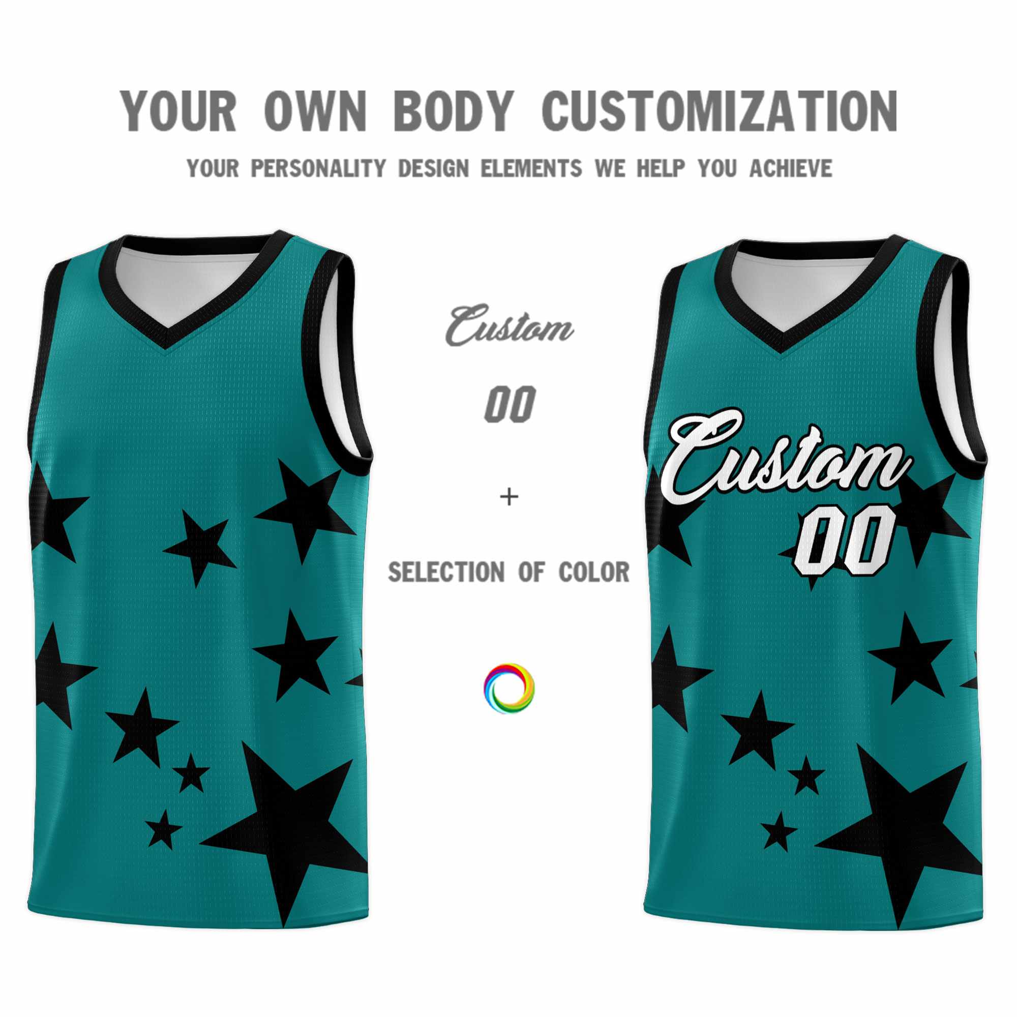 Custom Aqua Black Graffiti Pattern Star Print Basketball Kits Sets