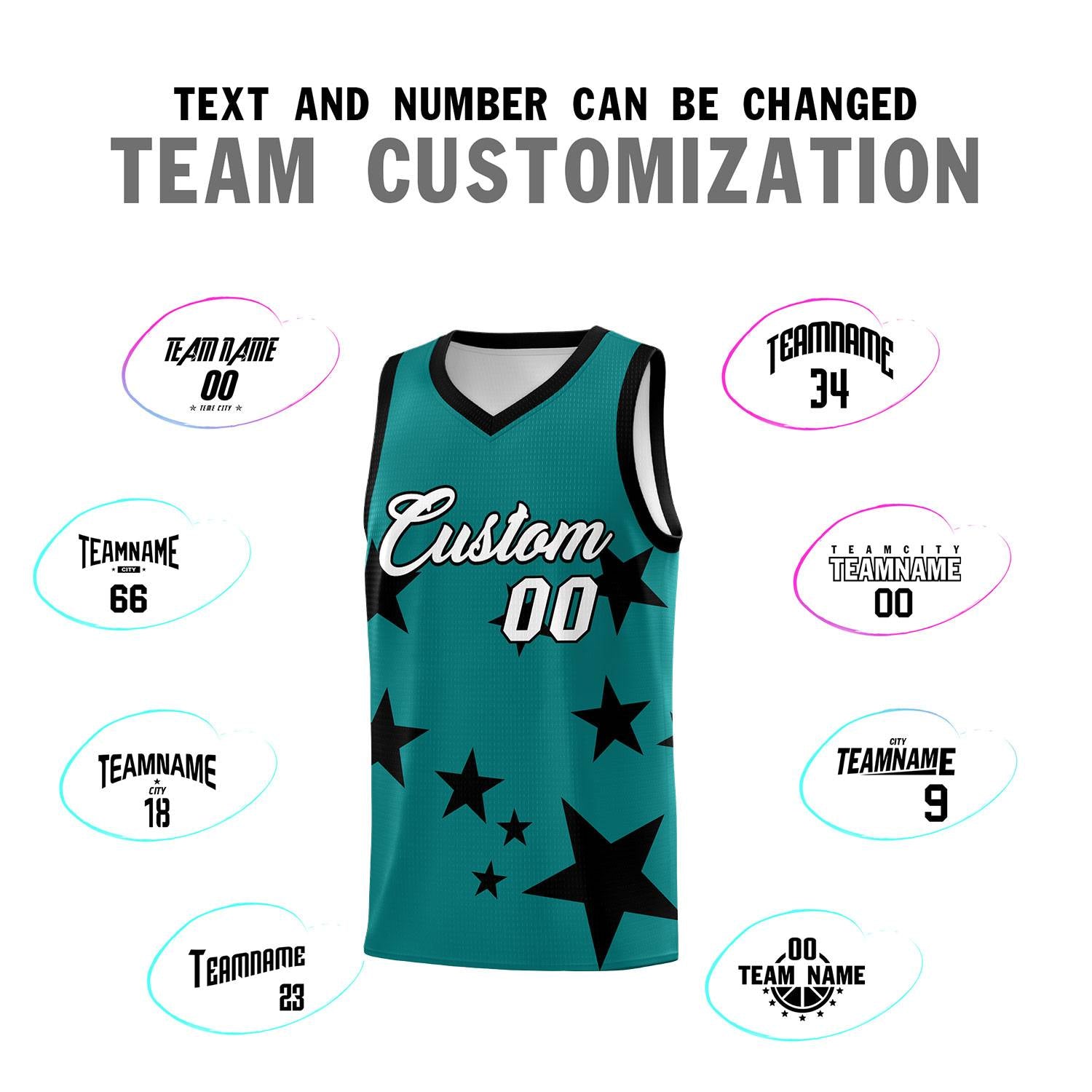 Custom Aqua Black Graffiti Pattern Star Print Basketball Kits Sets