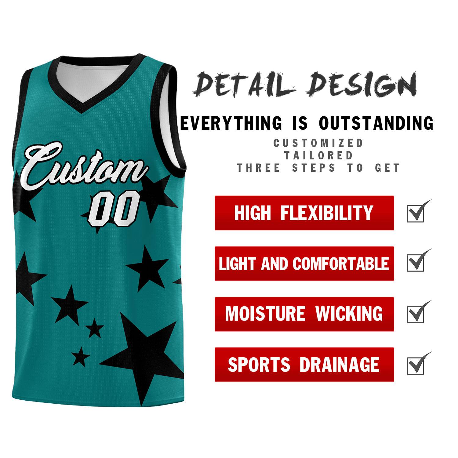 Custom Aqua Black Graffiti Pattern Star Print Basketball Kits Sets